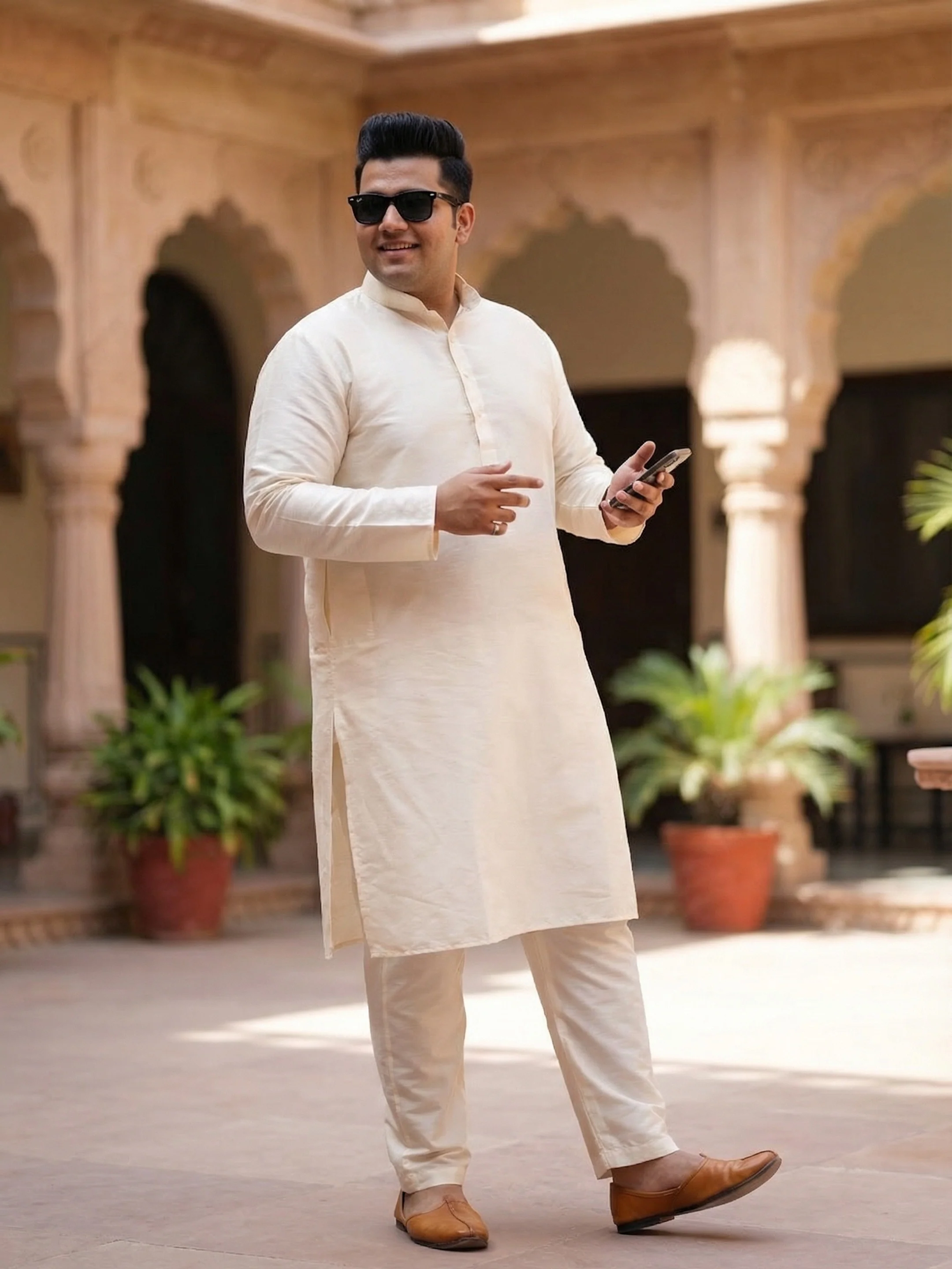 Men's Cream Silk Blend Solid Long Kurta - Image 5