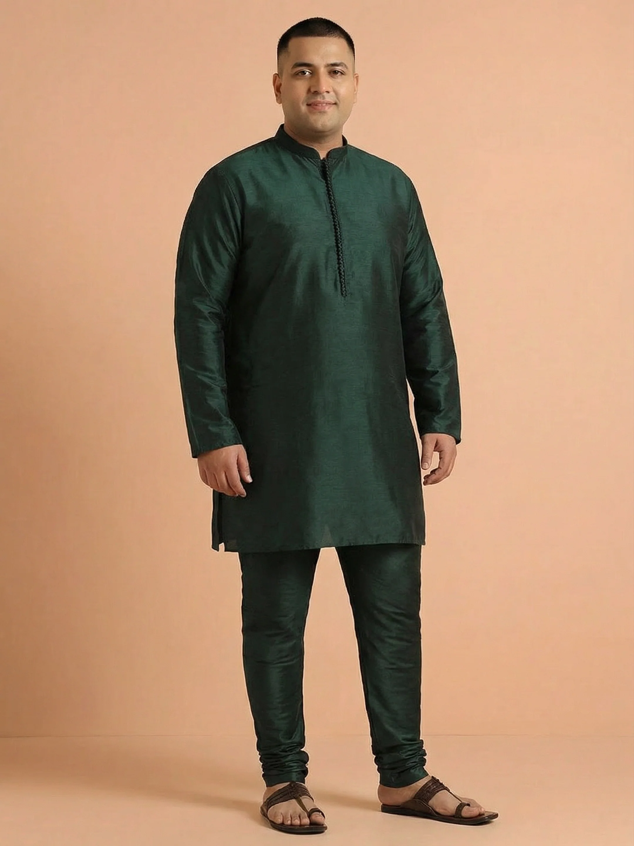 Men's Green Silk Blend Solid Kurta with Churidar