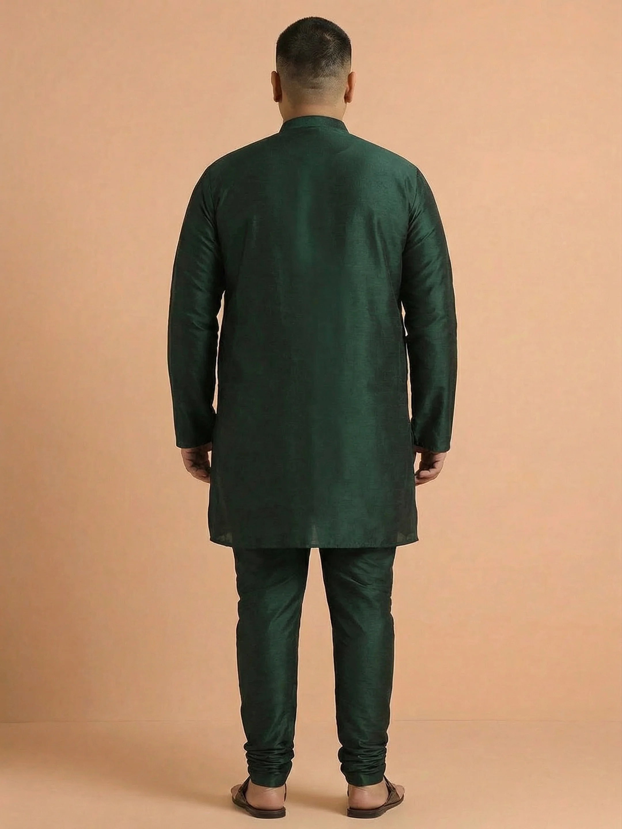 Men's Green Silk Blend Solid Kurta with Churidar - Image 2