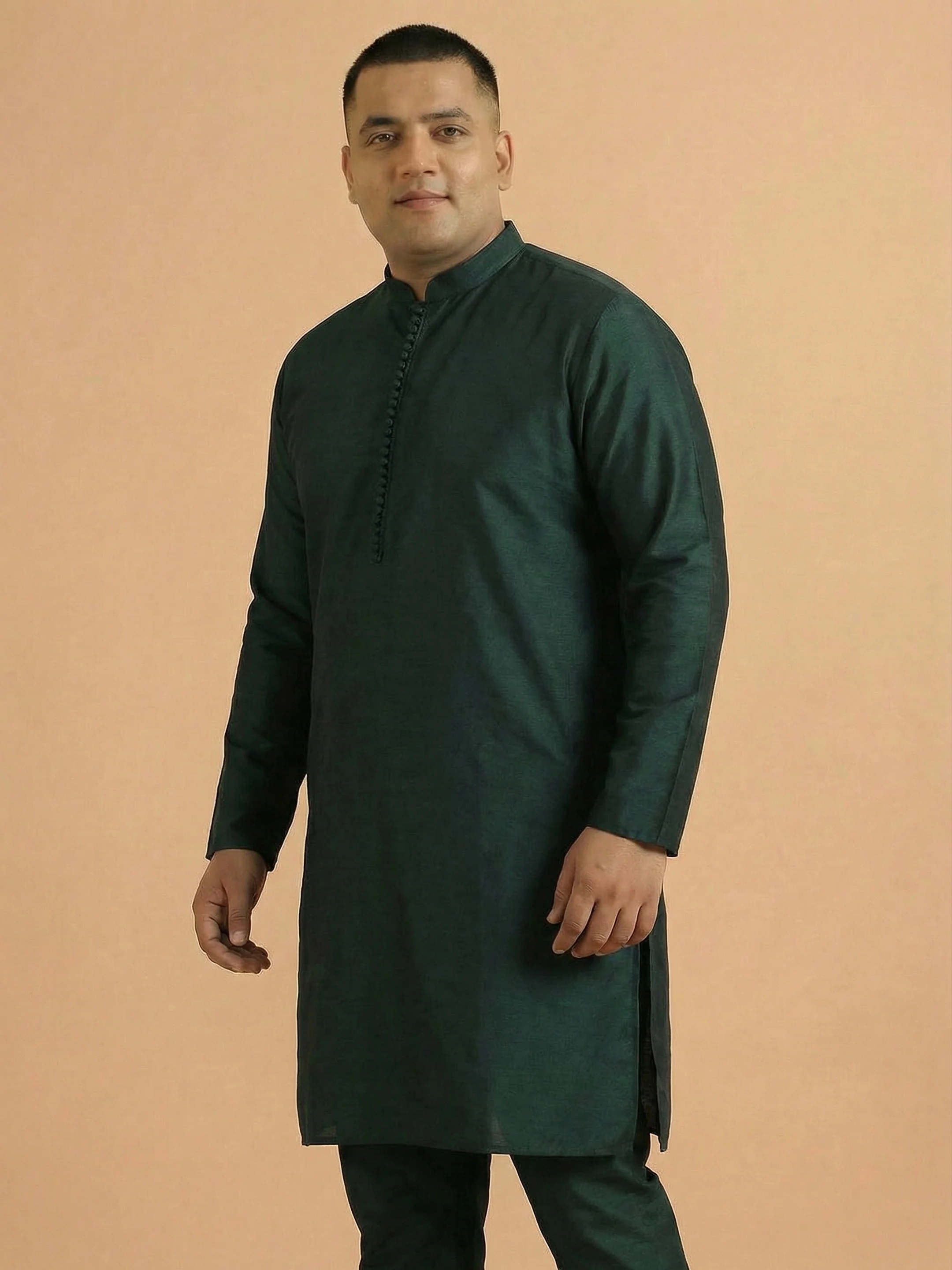 Men's Green Silk Blend Solid Kurta with Churidar - Image 4