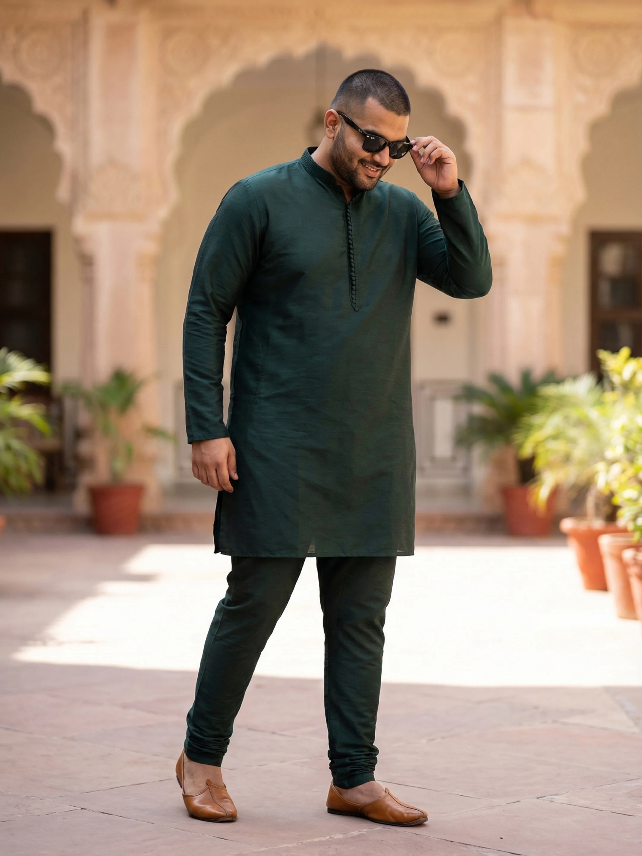 Men's Green Silk Blend Solid Kurta with Churidar - Image 6