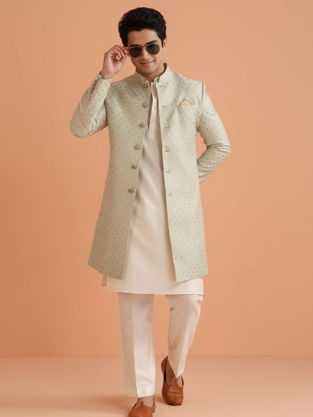 Mint Brocade Sherwani Trouser Set