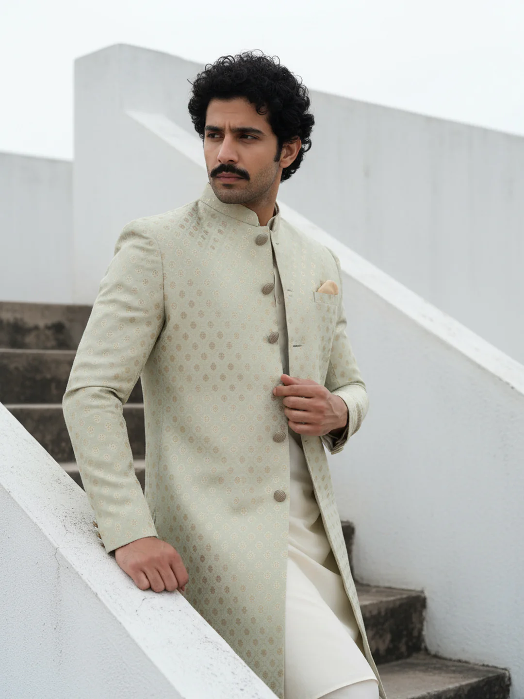Mint Brocade Sherwani Trouser Set - Image 2