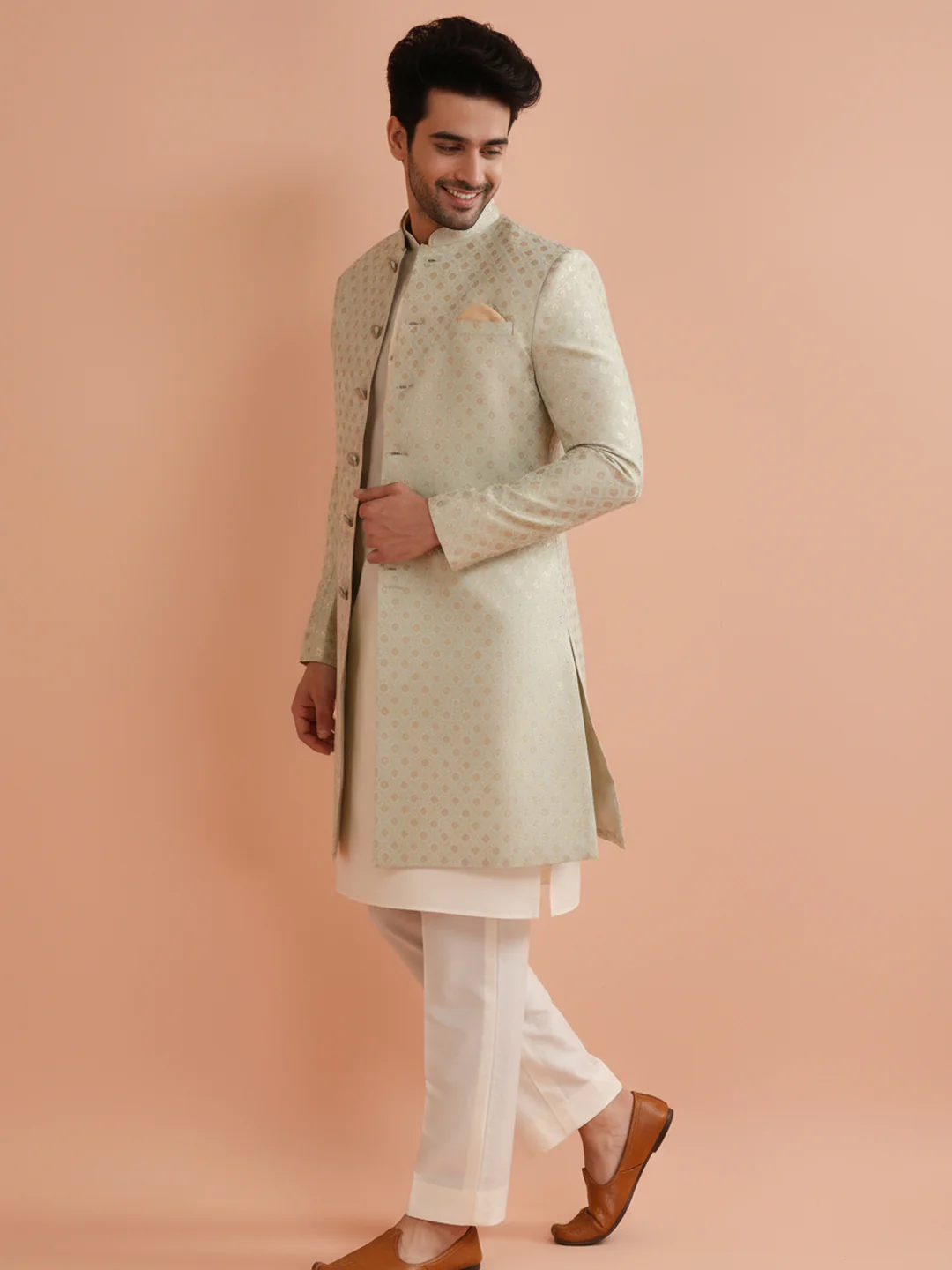 Mint Brocade Sherwani Trouser Set - Image 3