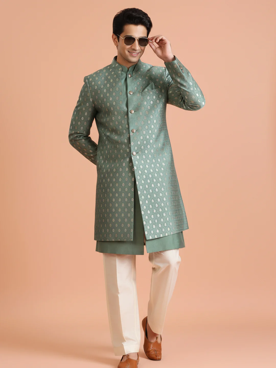 Mint Green Front-Open Sherwani Set