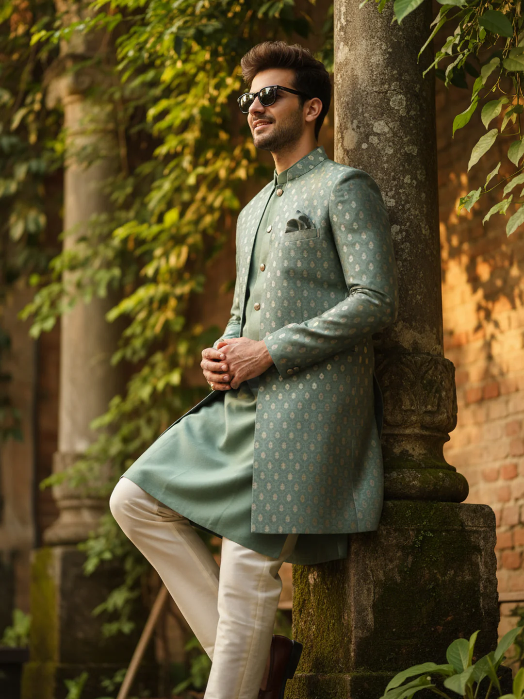 Mint Green Front-Open Sherwani Set - Image 2