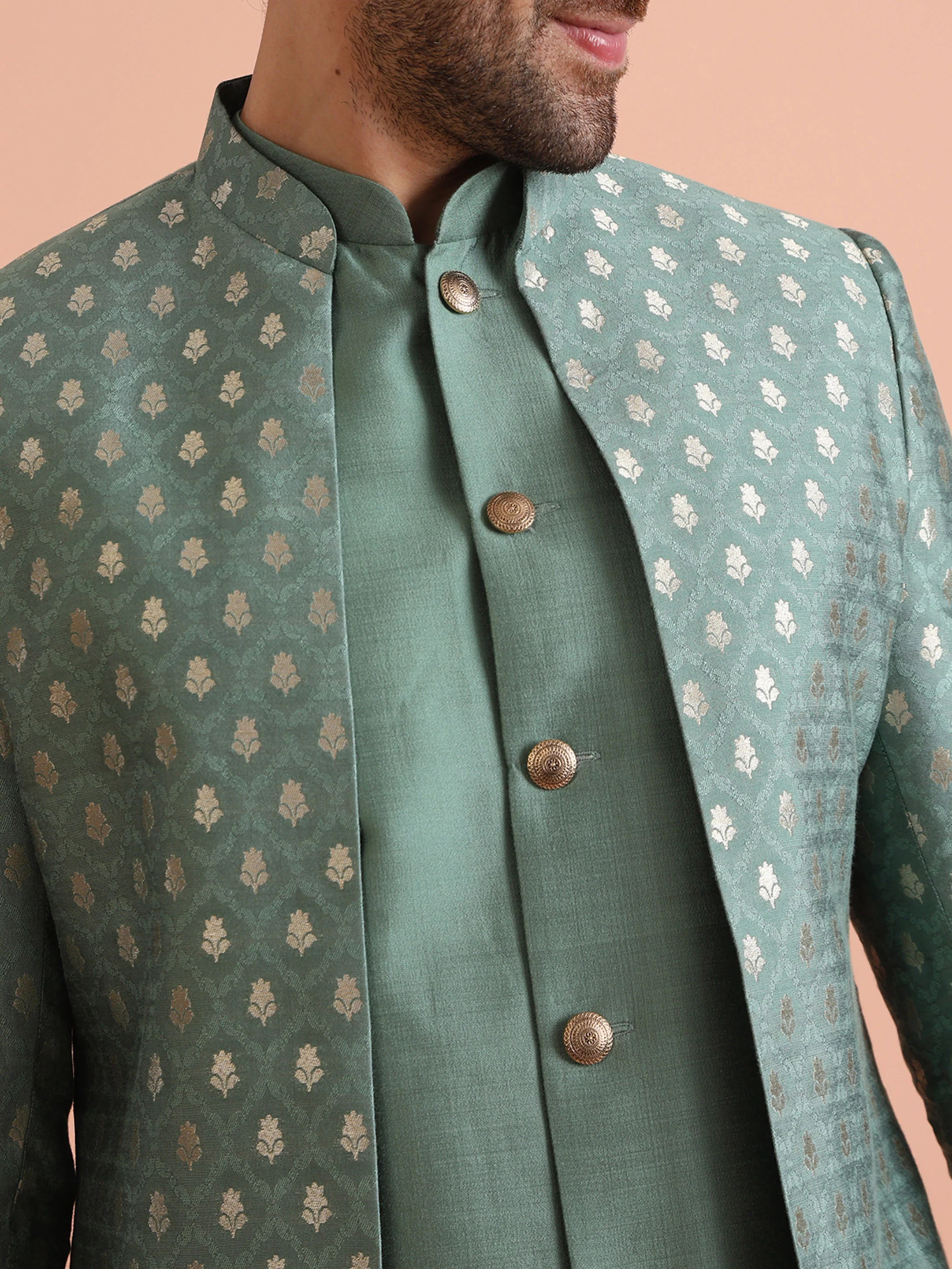 Mint Green Front-Open Sherwani Set - Image 3