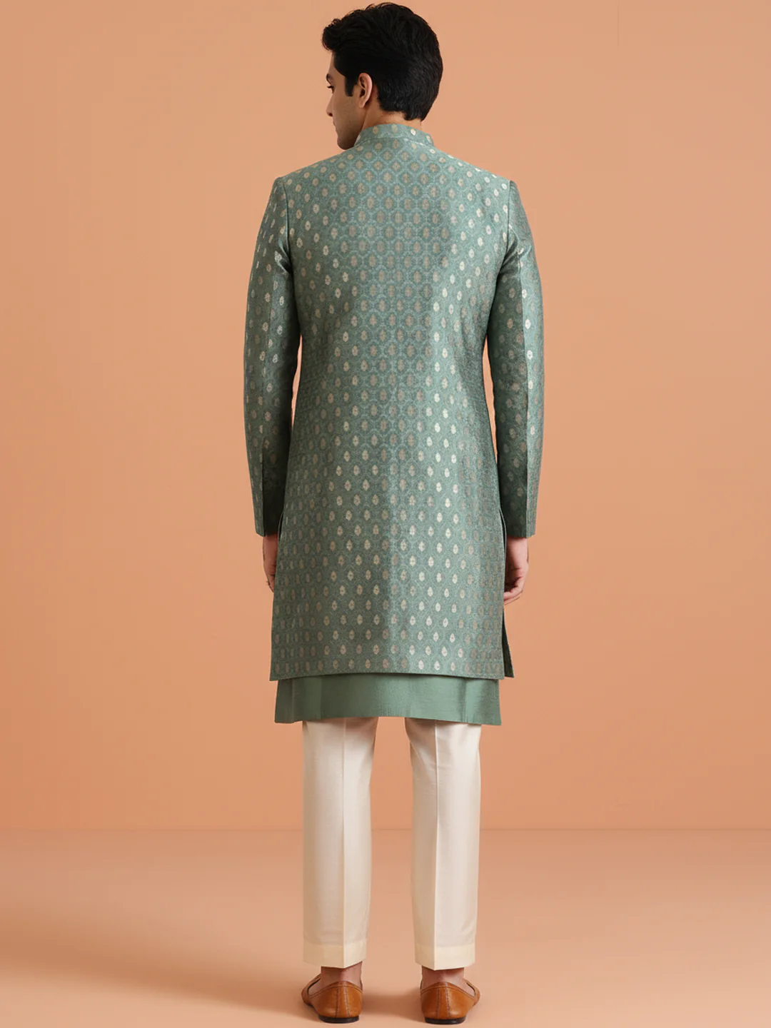 Mint Green Front-Open Sherwani Set - Image 4