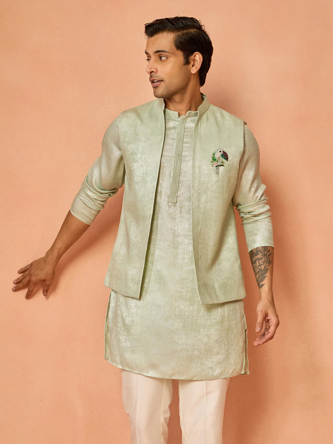 Mint Green Jacket Kurta Trouser Set - Image 9
