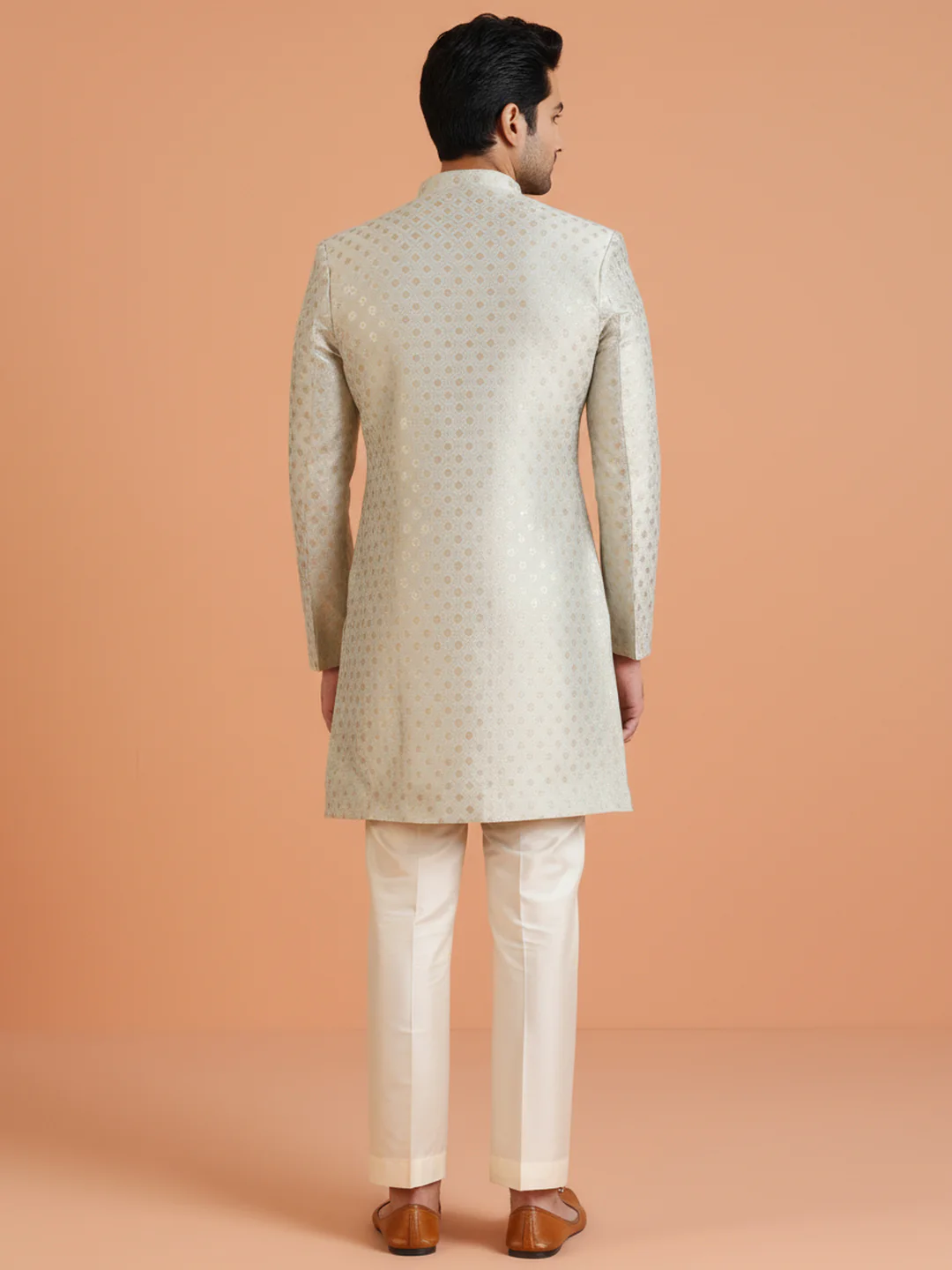 Mint Green Jacquard Sherwani Trouser Set - Image 2