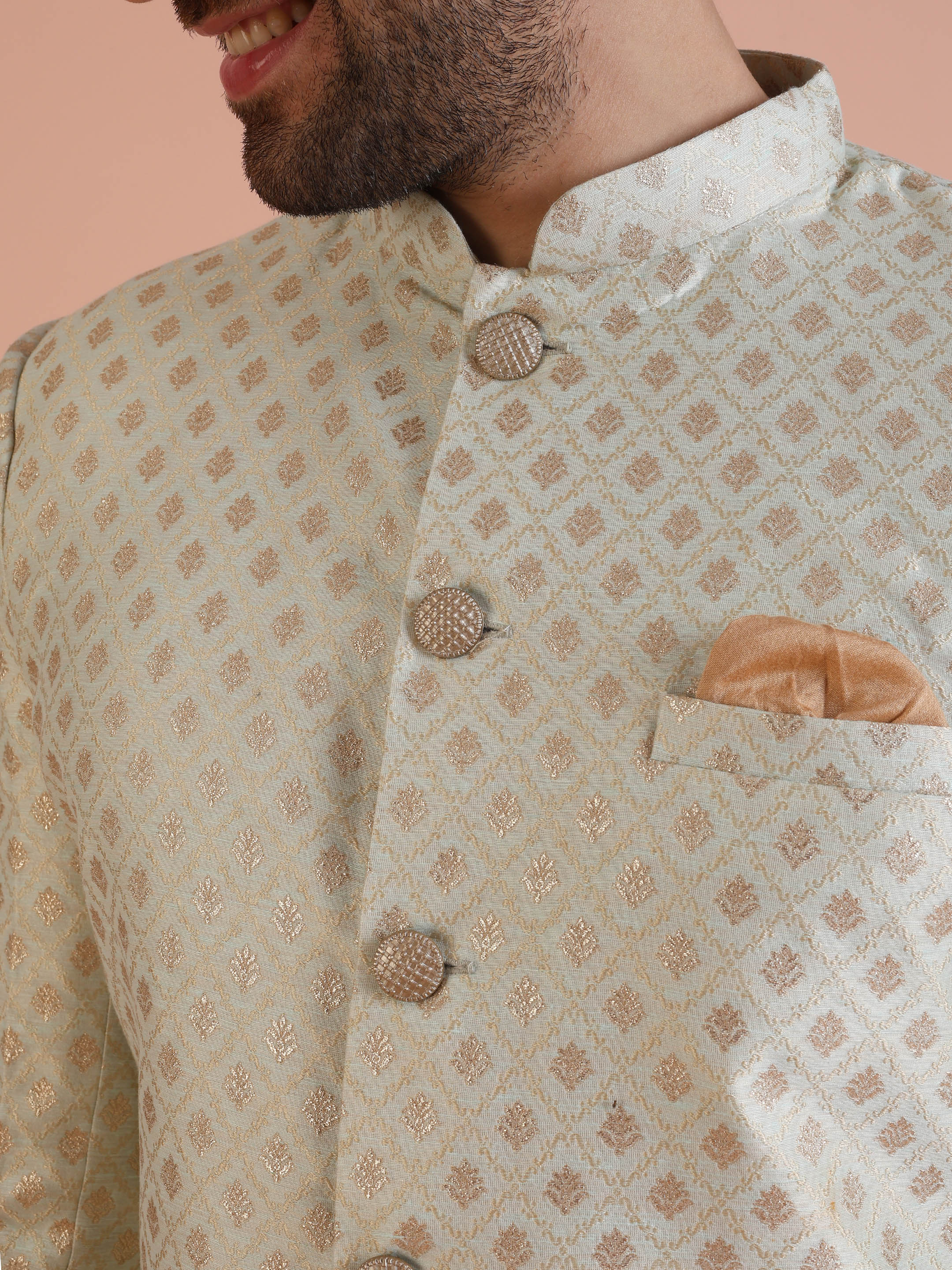 Mint Green Jacquard Sherwani Trouser Set - Image 3
