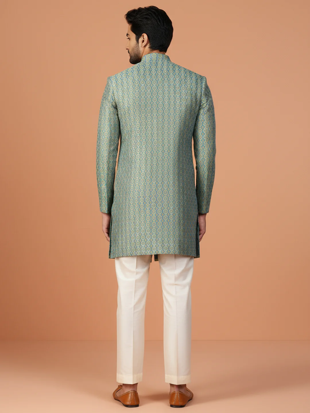 Mint Green Jacquard Sherwani Trouser Set - Image 4