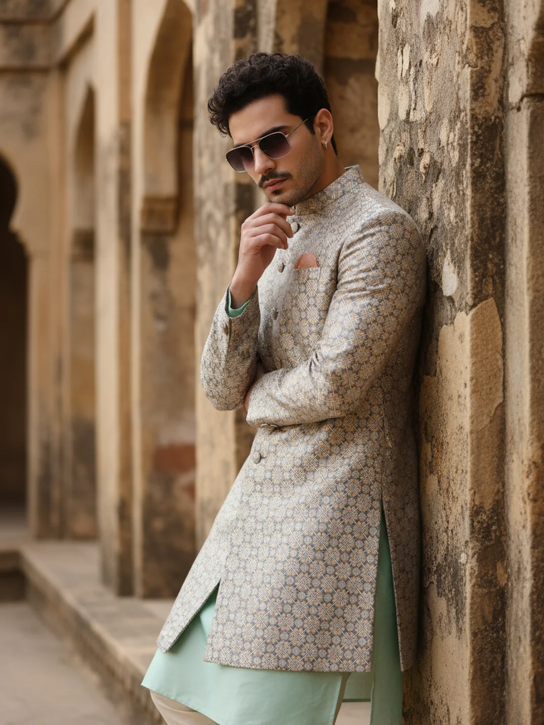 Mint Green Kurta Ivory Sherwani Trouser Set - Image 2