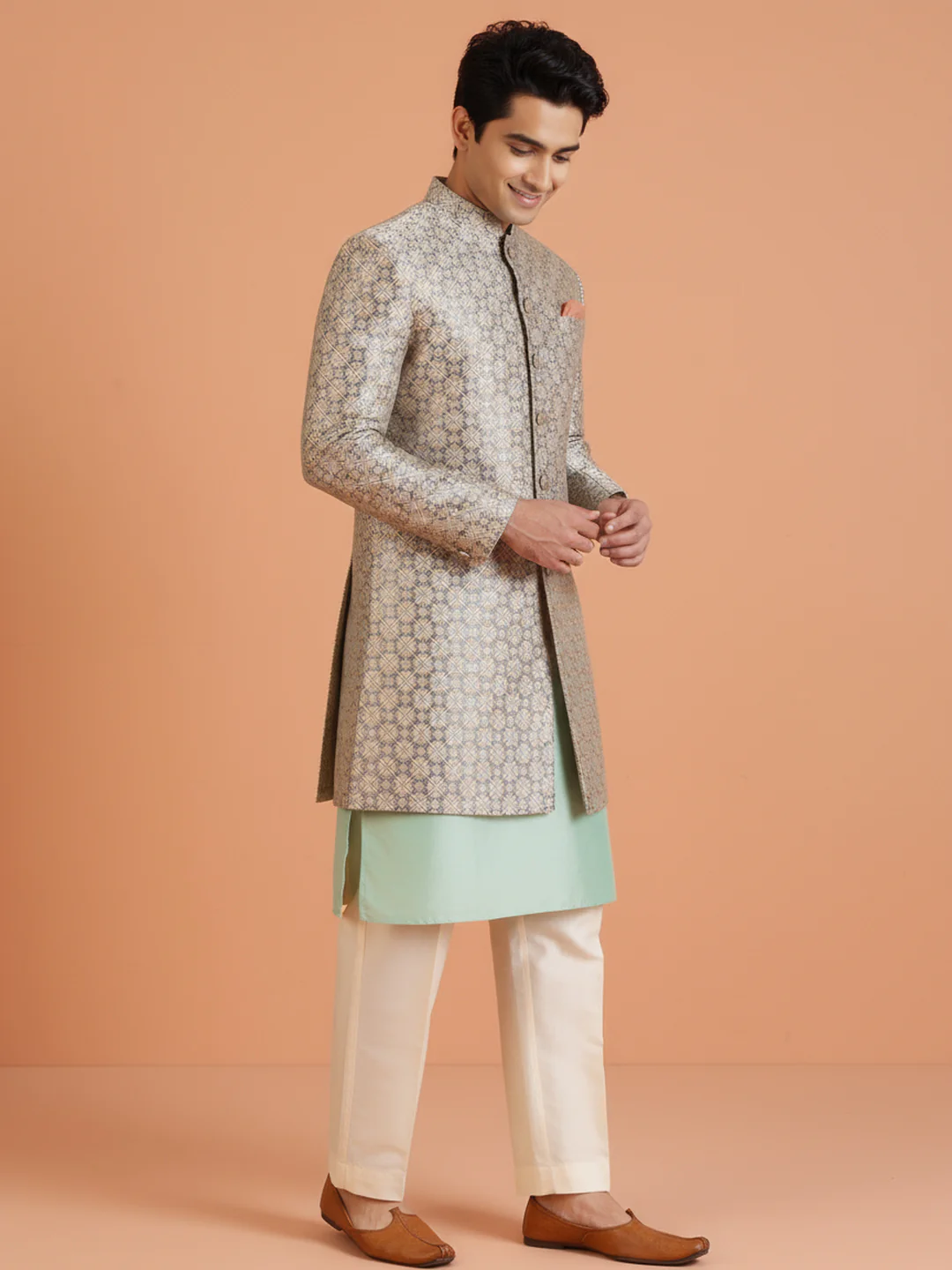 Mint Green Kurta Ivory Sherwani Trouser Set - Image 3