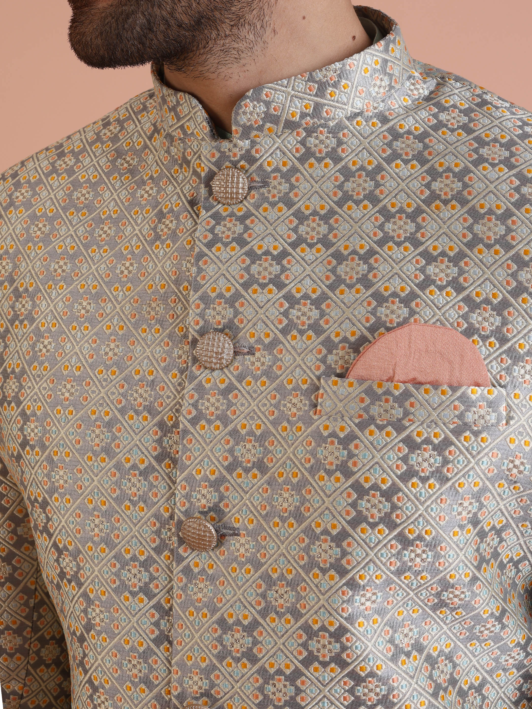 Mint Green Kurta Ivory Sherwani Trouser Set - Image 5