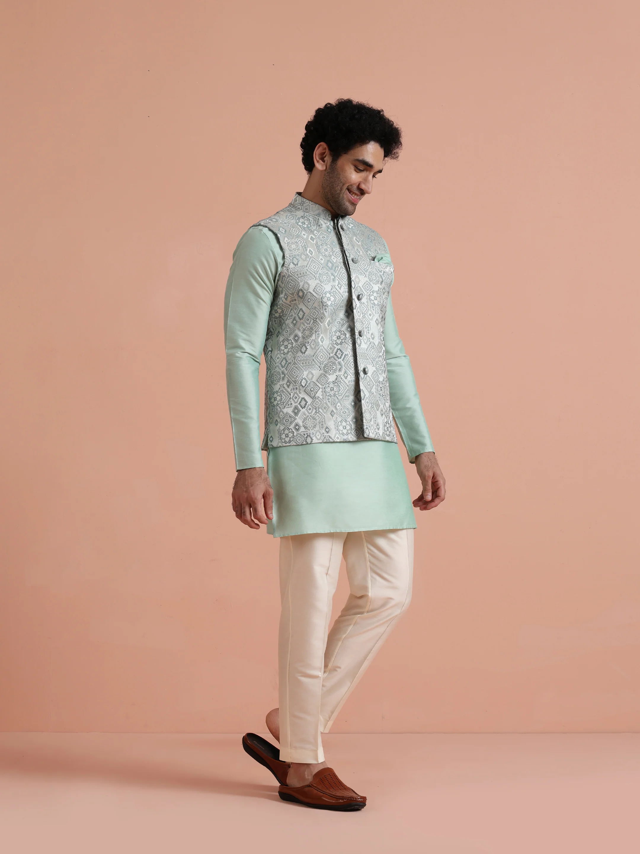 Mint Green Printed Nehru Jacket – Traditional Sleeveless Ethnic Waistcoat - Image 2