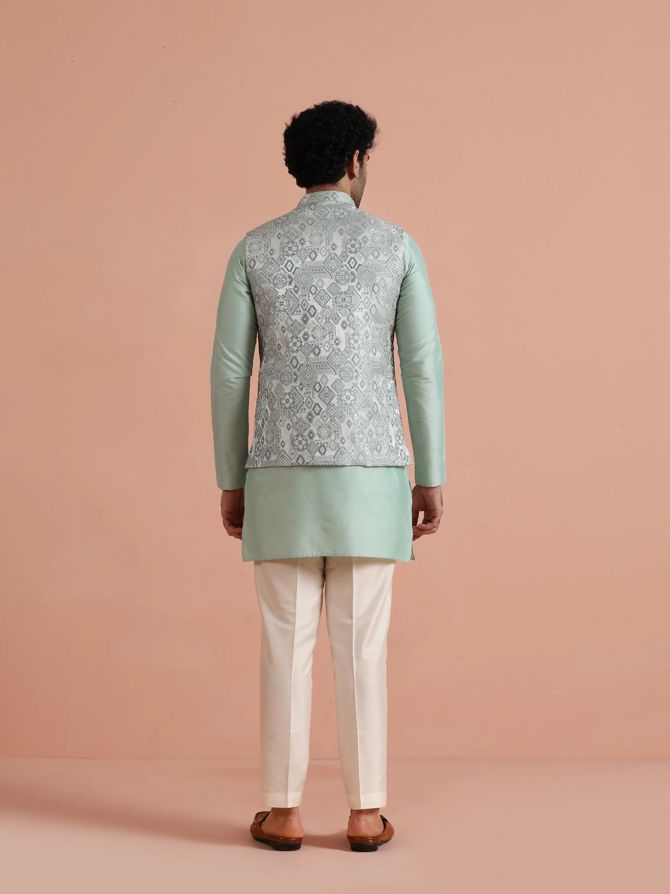 Mint Green Printed Nehru Jacket – Traditional Sleeveless Ethnic Waistcoat - Image 4