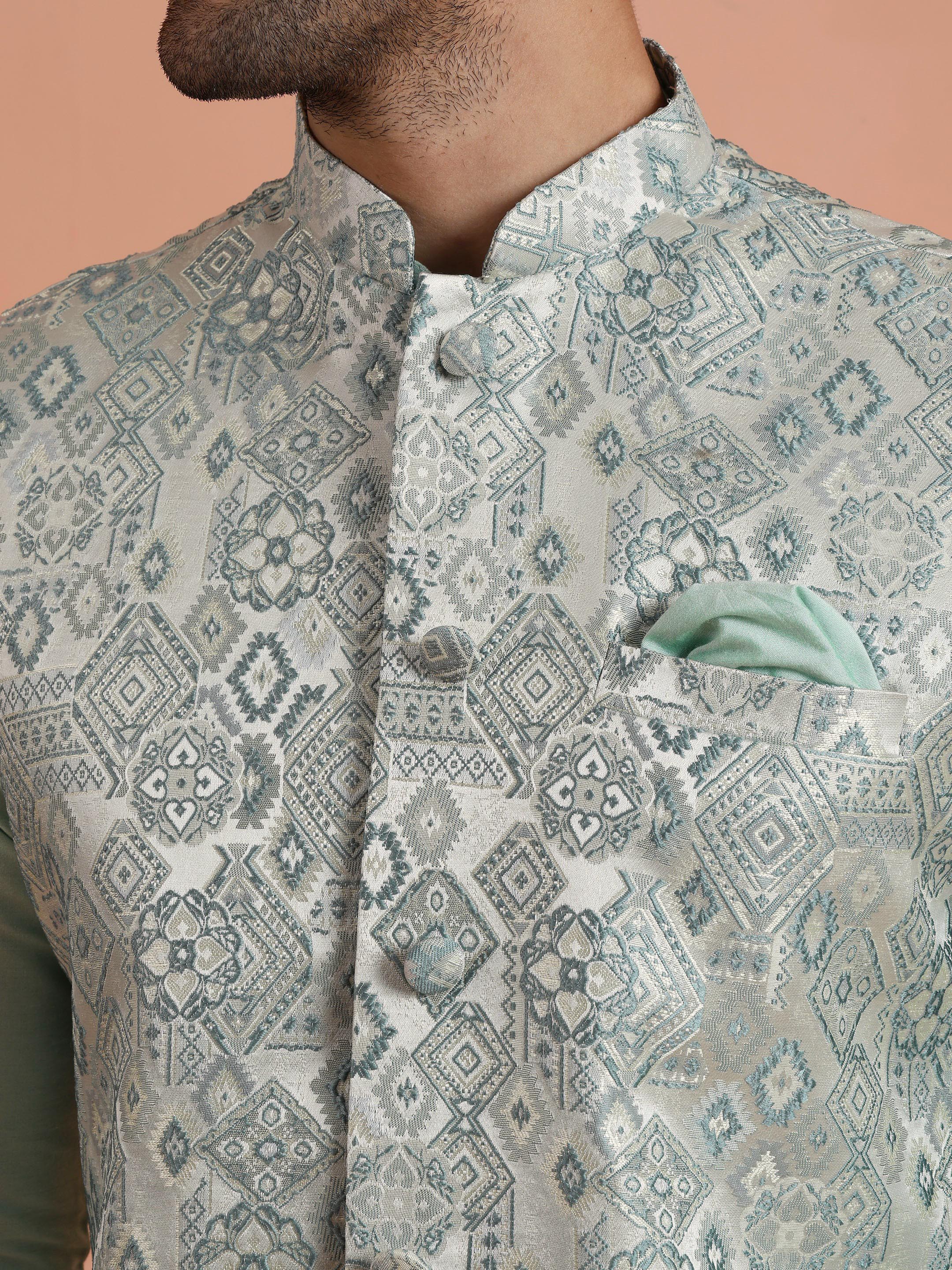 Mint Green Printed Nehru Jacket – Traditional Sleeveless Ethnic Waistcoat - Image 5