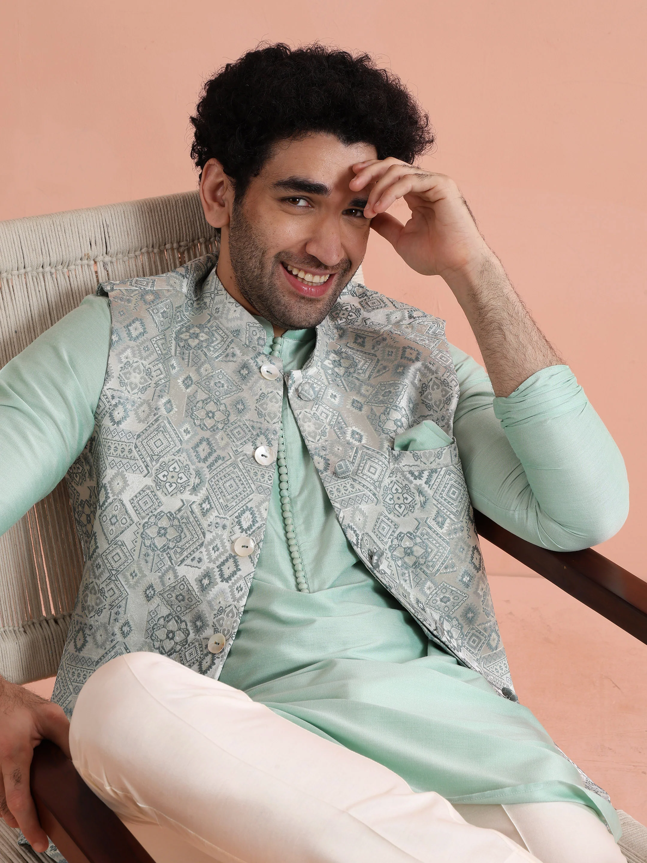 Mint Green Printed Nehru Jacket – Traditional Sleeveless Ethnic Waistcoat - Image 6