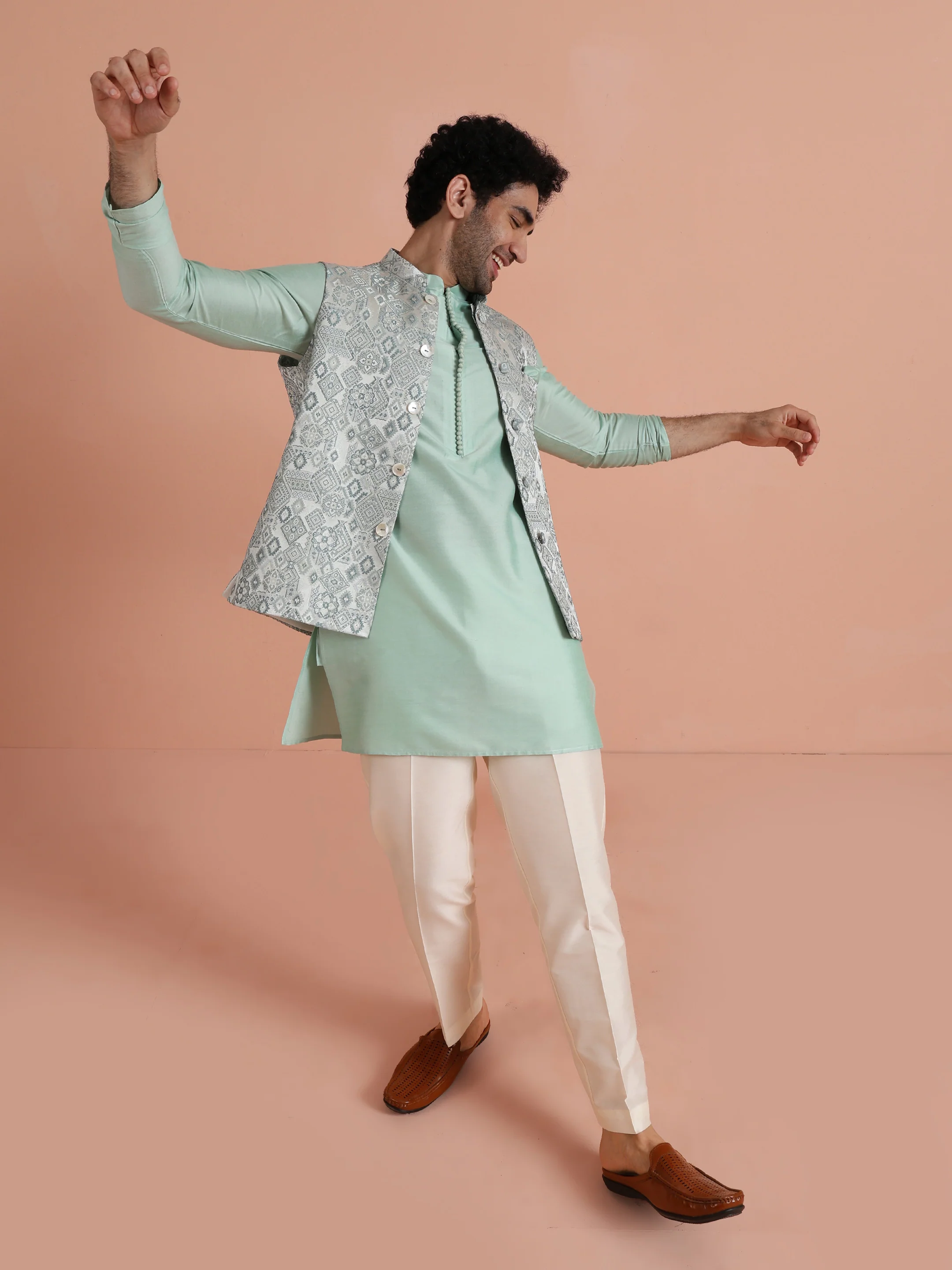 Mint Green Printed Nehru Jacket – Traditional Sleeveless Ethnic Waistcoat - Image 7