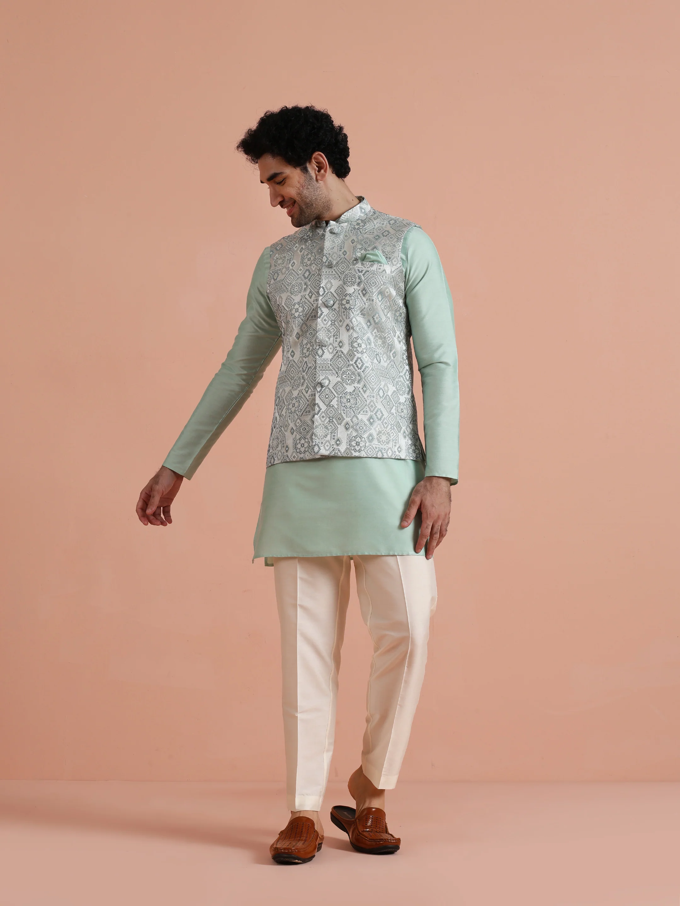 Mint Green Printed Nehru Jacket – Traditional Sleeveless Ethnic Waistcoat - Image 8
