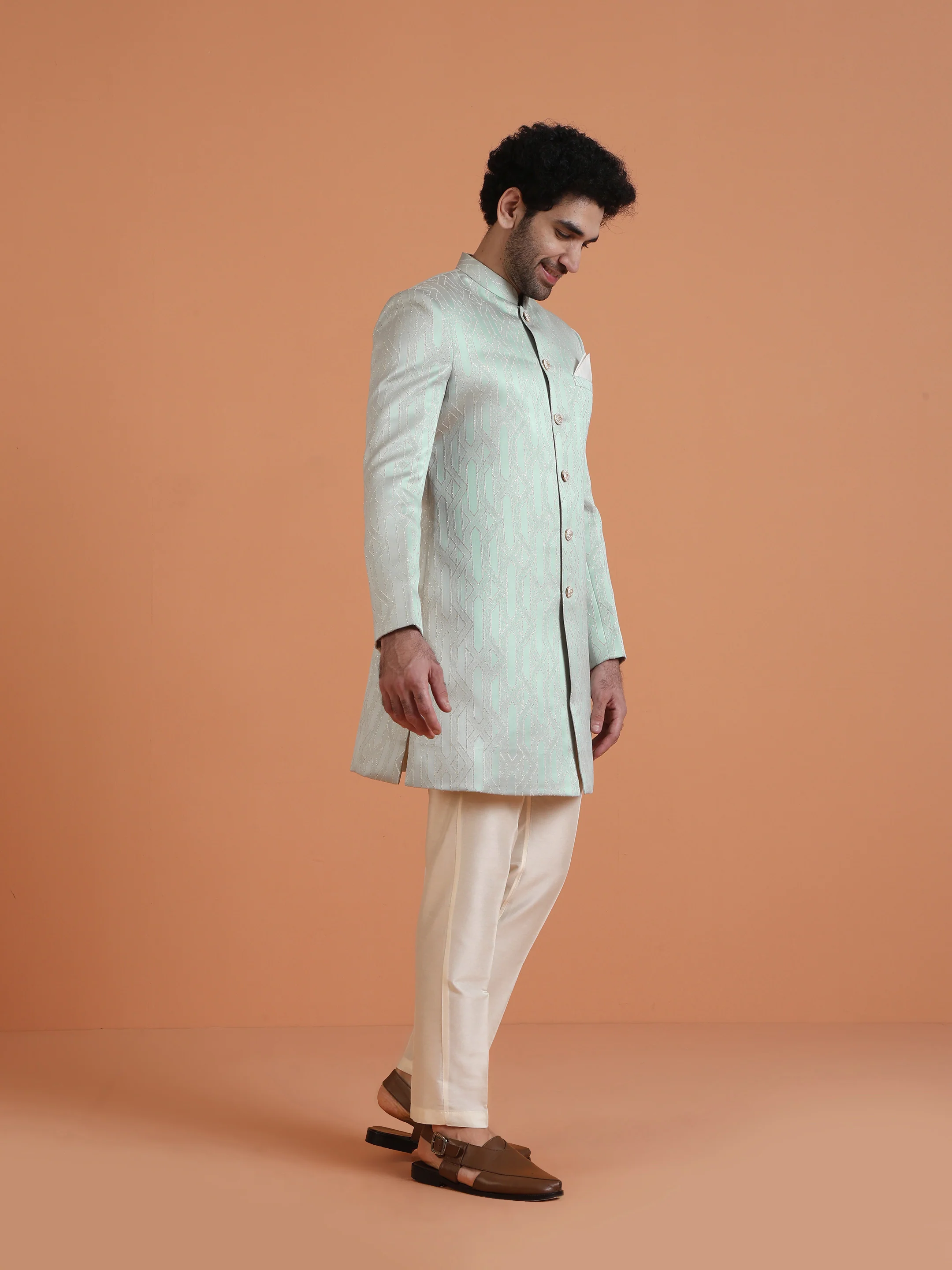 Mint Green Silk Blend Geometric Sherwani Jodhpuri Trouser Set