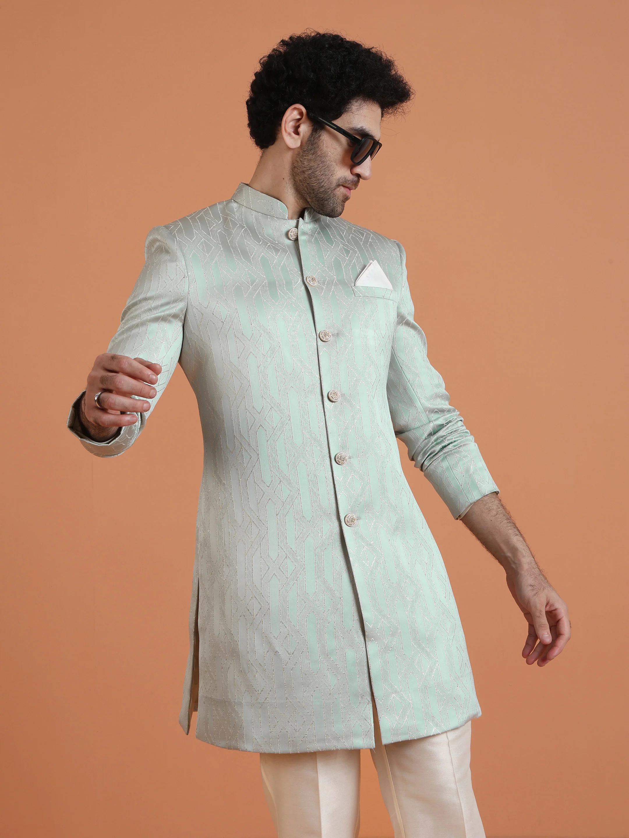 Mint Green Silk Blend Geometric Sherwani Jodhpuri Trouser Set - Image 7