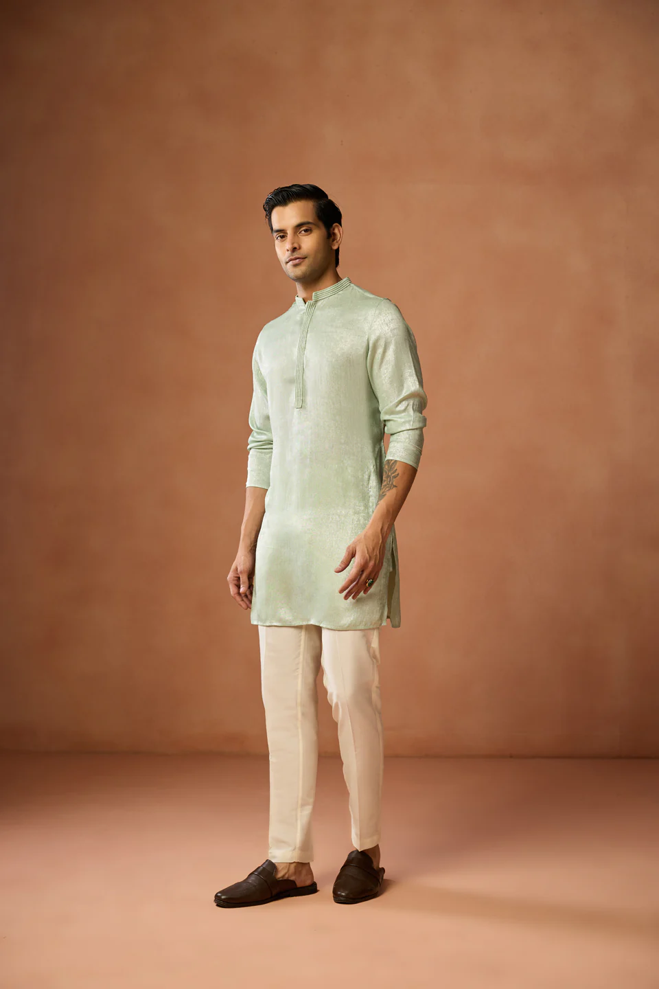 Mint Green Silk Blend Mid Kurta Trouser Set - Image 2