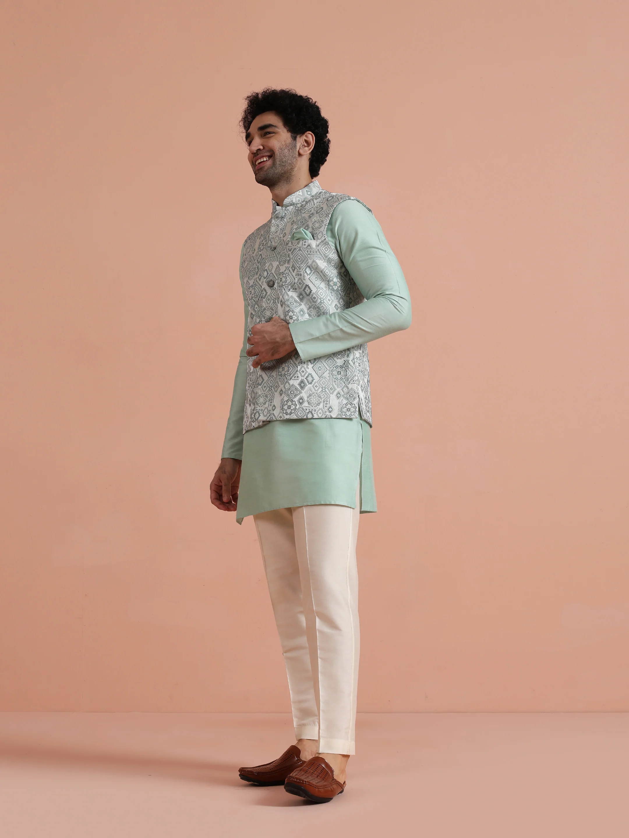 Mint Green Velvet Kurta Jacket Set - Image 3