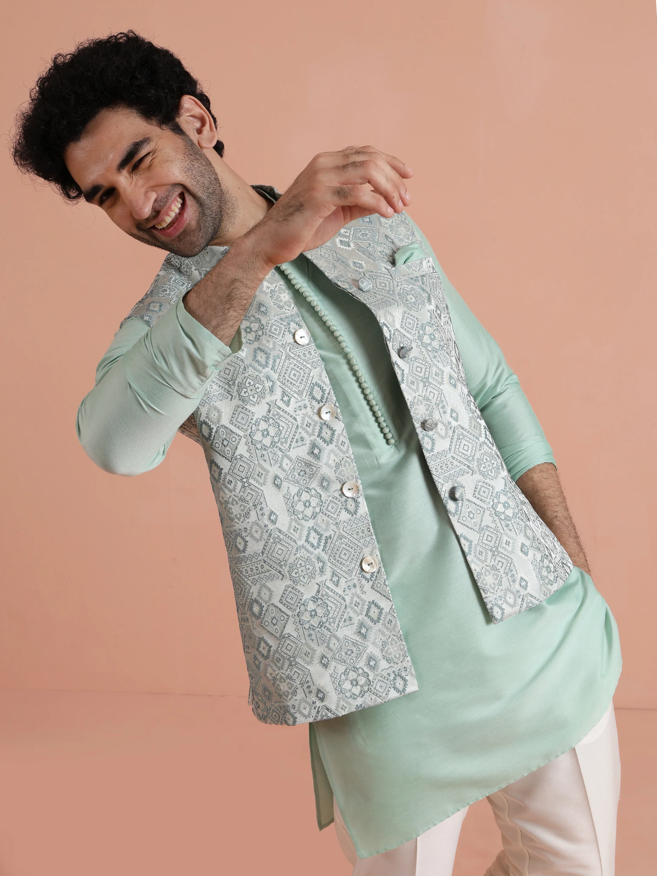 Mint Green Velvet Kurta Jacket Set - Image 9