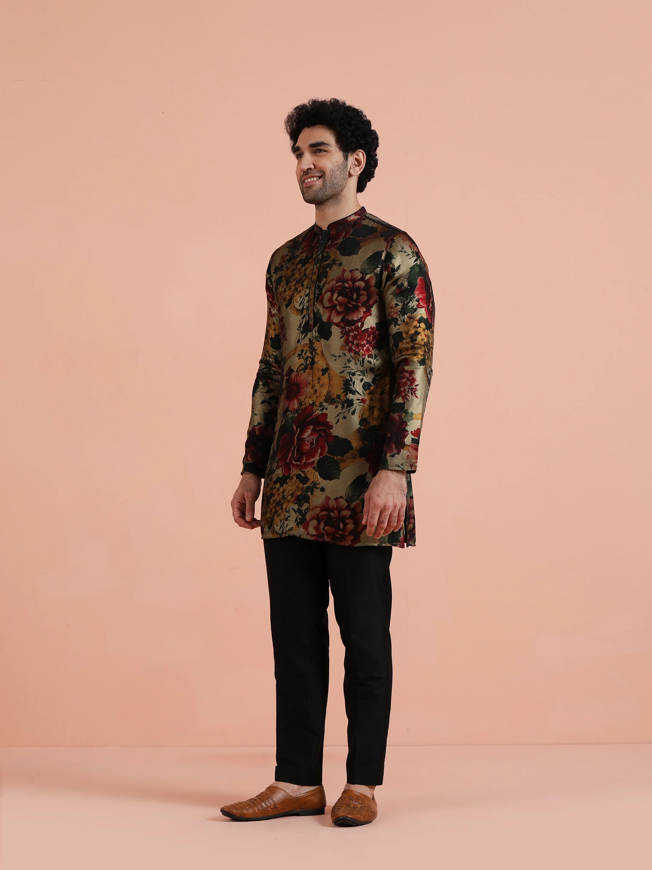 Multi-Color Floral Poly Silk Kurta Trouser Set - Image 3