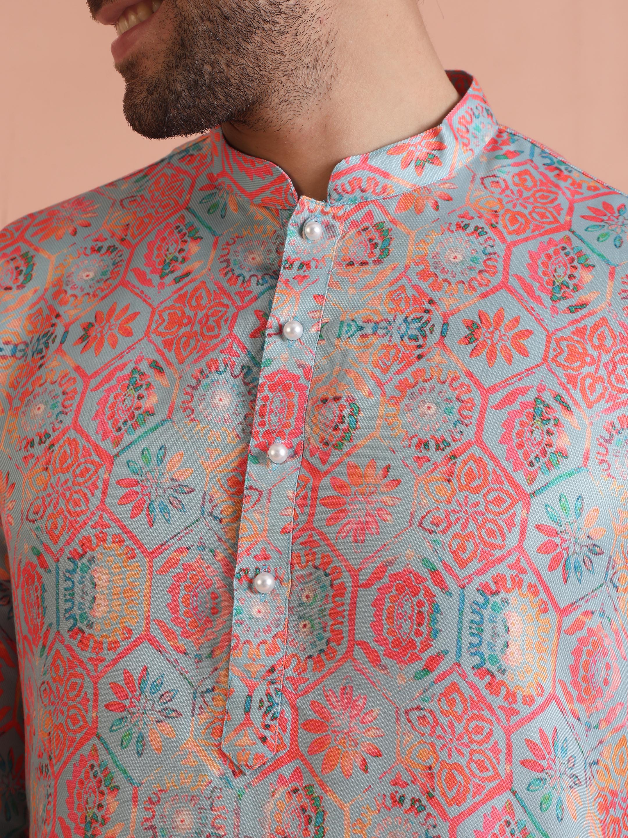 Multi Color Silk Blend Printed Kurta White Trouser - Image 5
