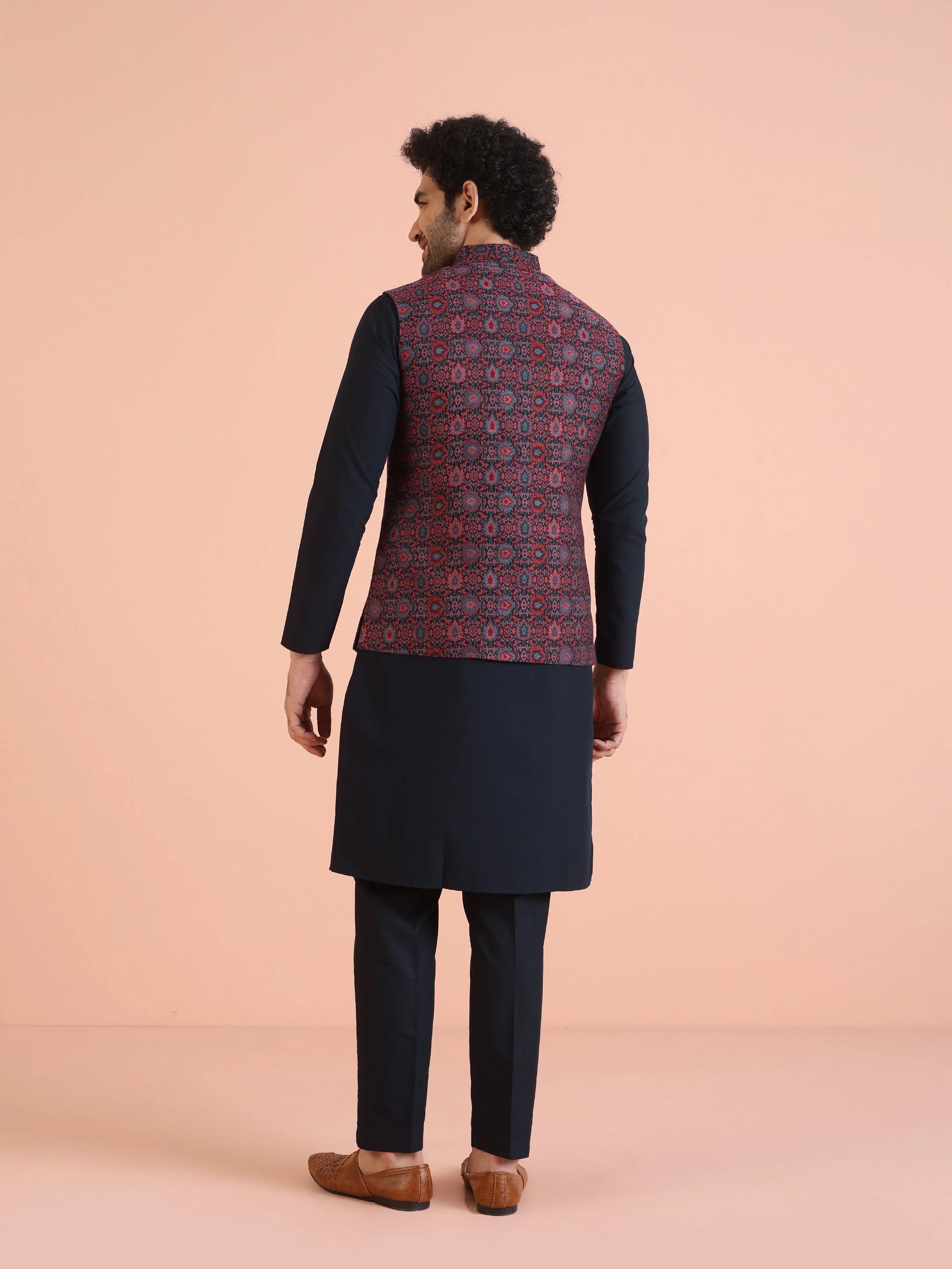 Multi-Coloured Silk Textured Nehru Jacket Kurta Set - Image 4