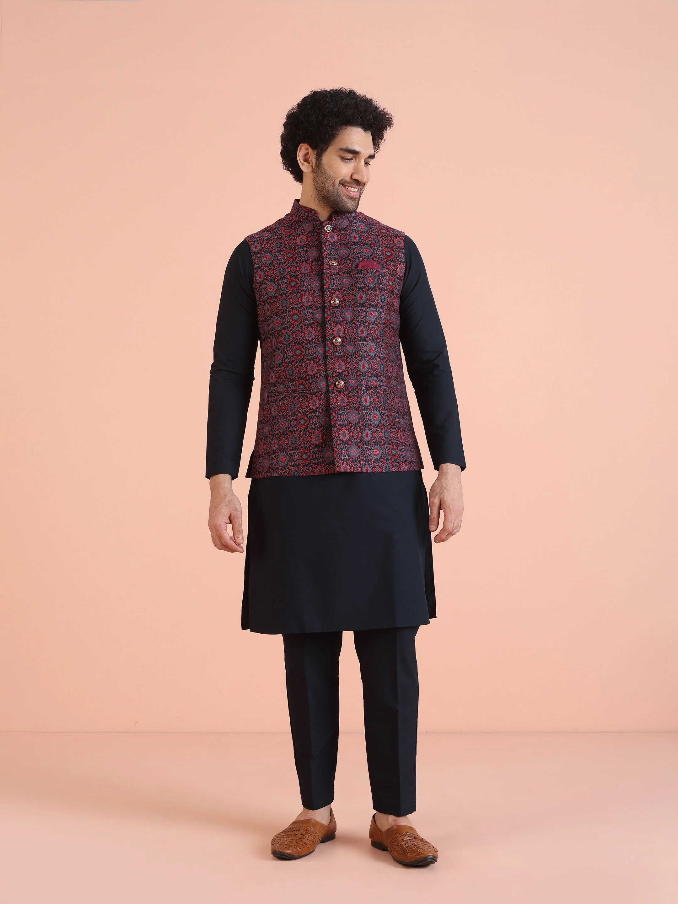 Multi-Coloured Silk Textured Nehru Jacket Kurta Set - Image 9