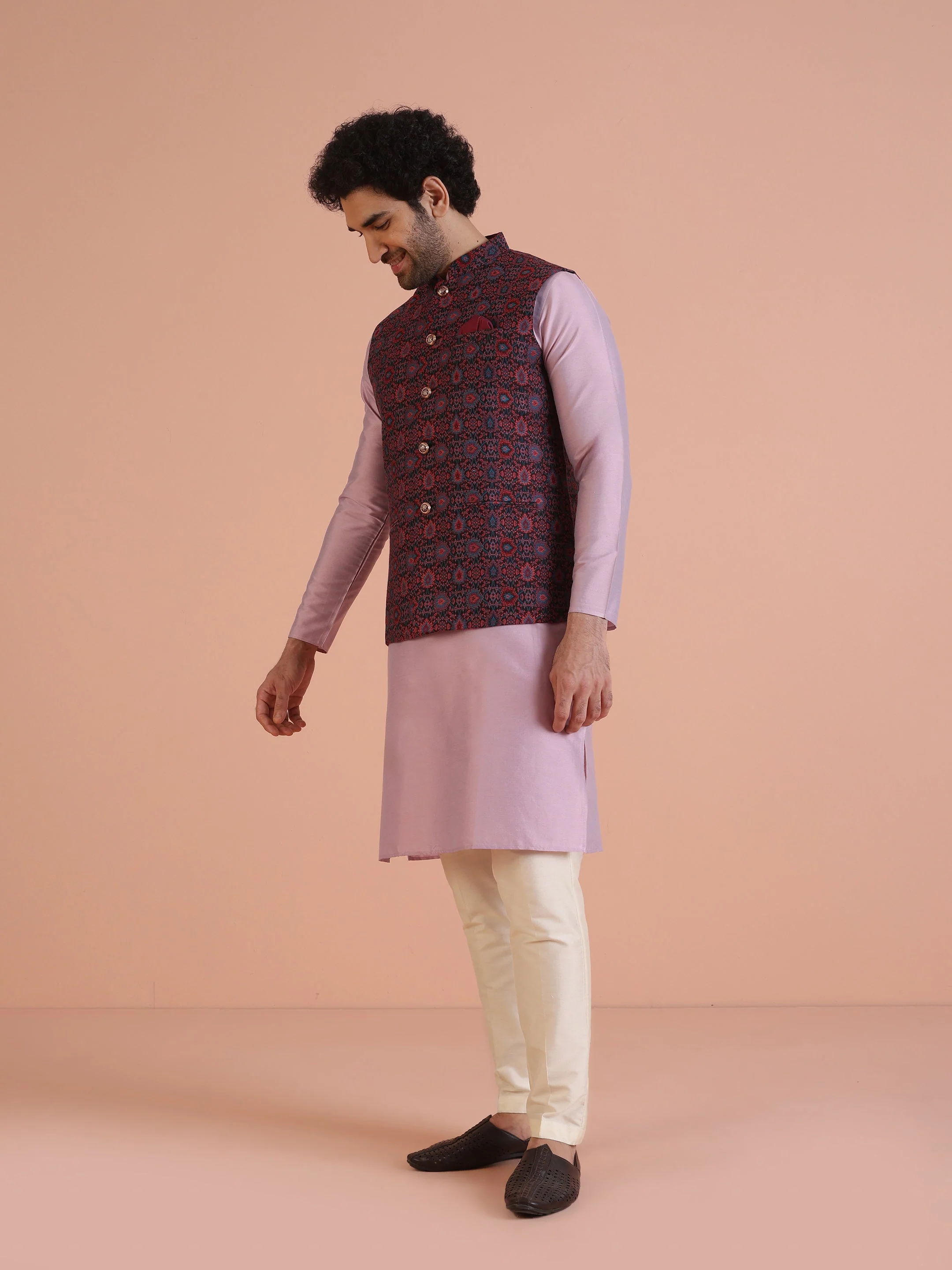 Multi-Coloured Textured Nehru Jacket Kurta Trouser - Image 3