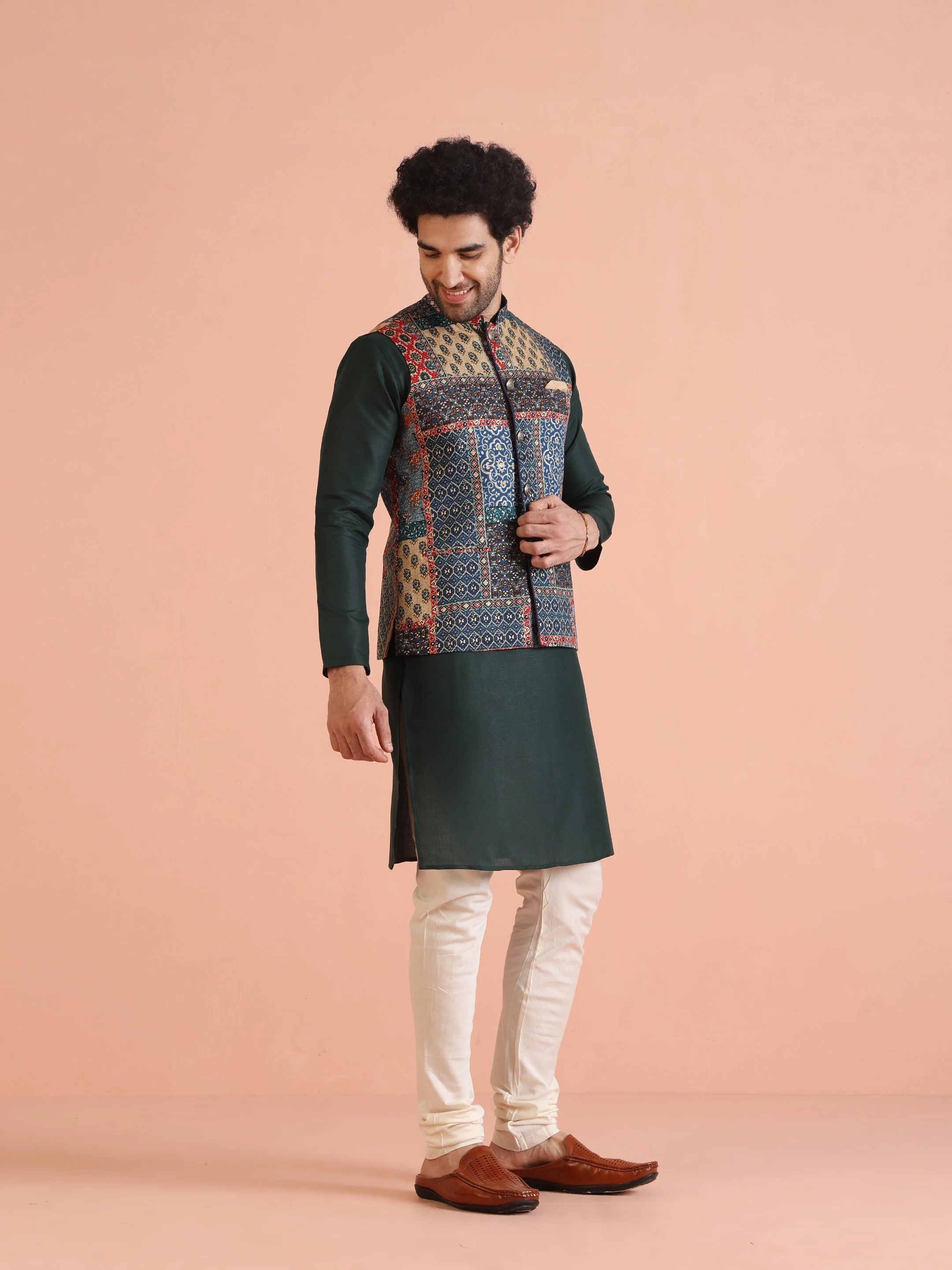 Multi Cotton Printed Jacket Kurta Churidar Set - Image 2