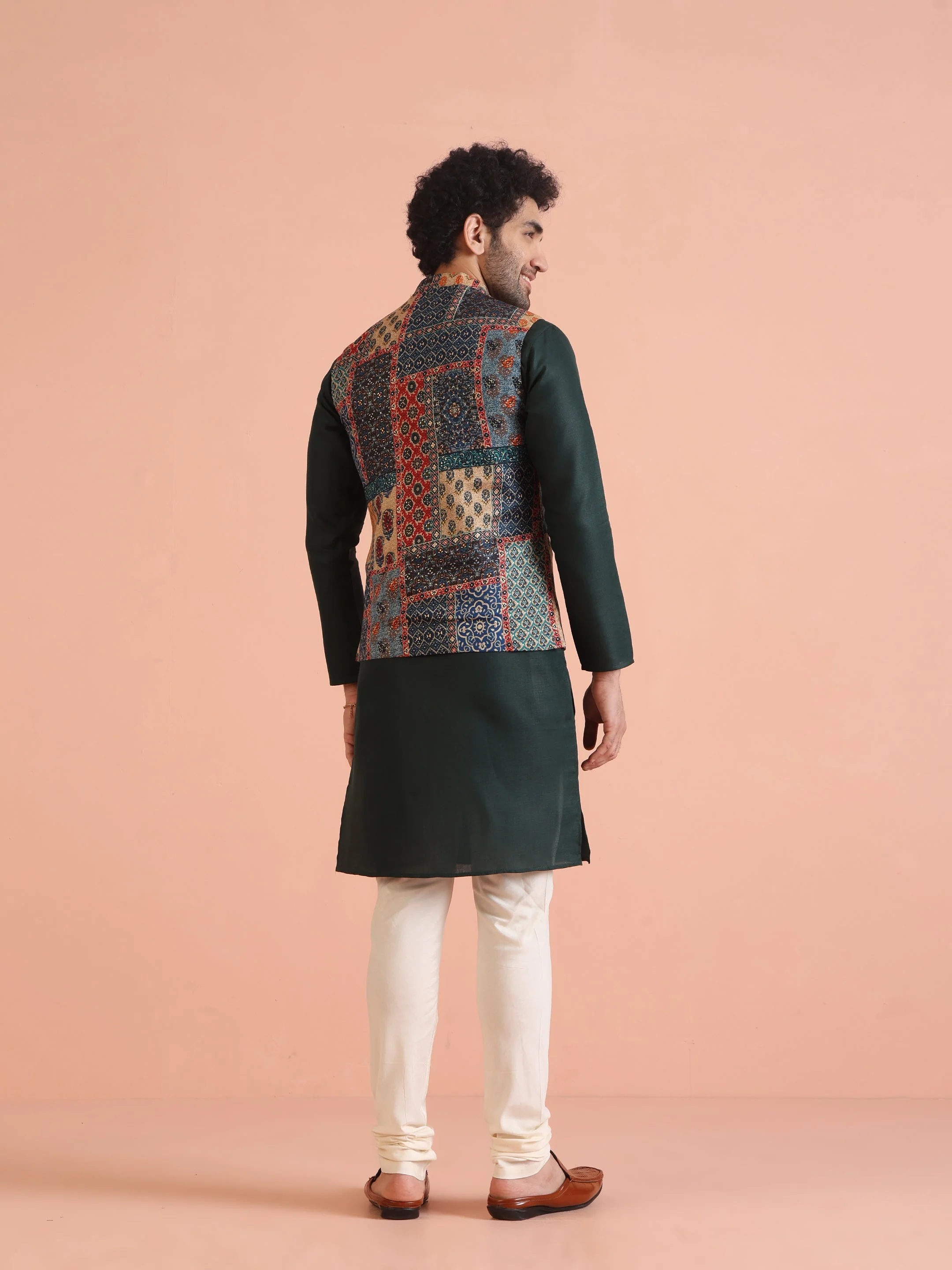 Multi Cotton Printed Jacket Kurta Churidar Set - Image 4