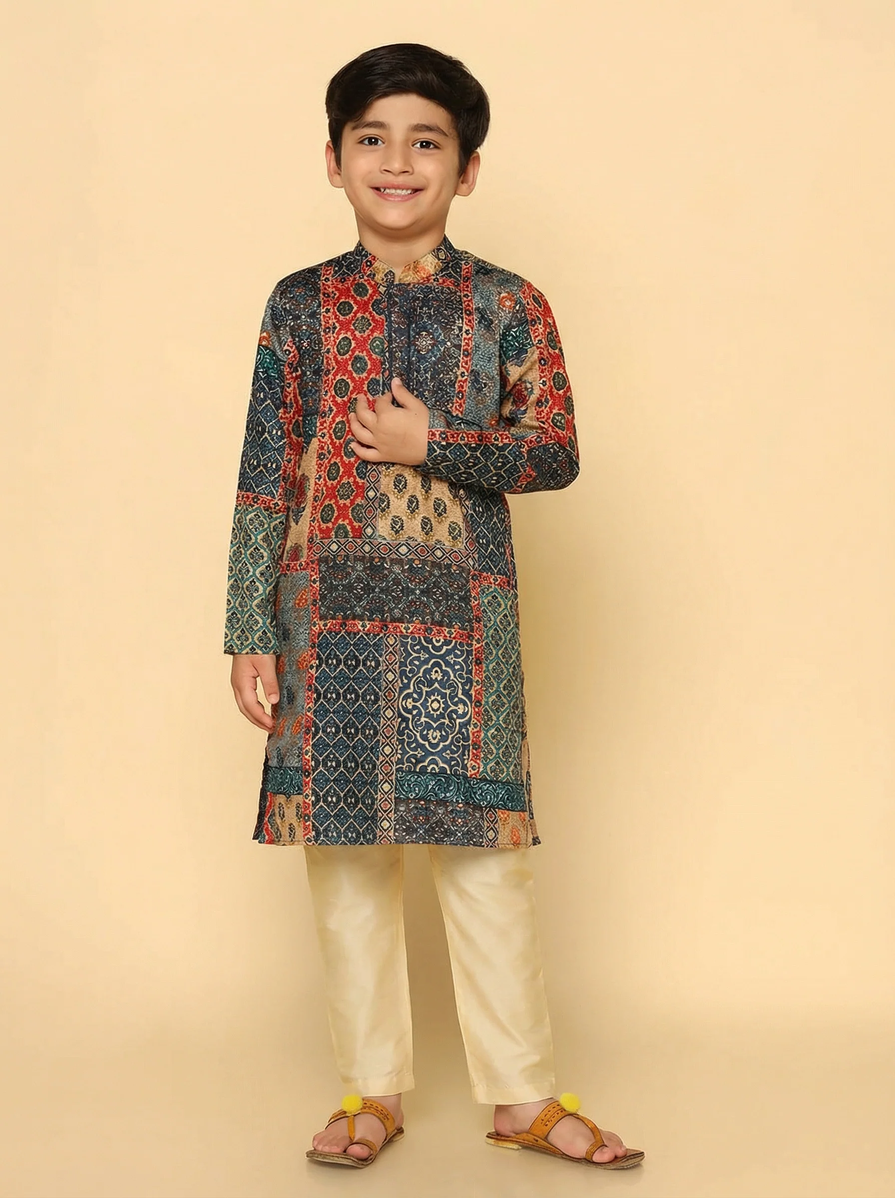 Multicolor Cotton Blend Printed Kurta Pyjama Set