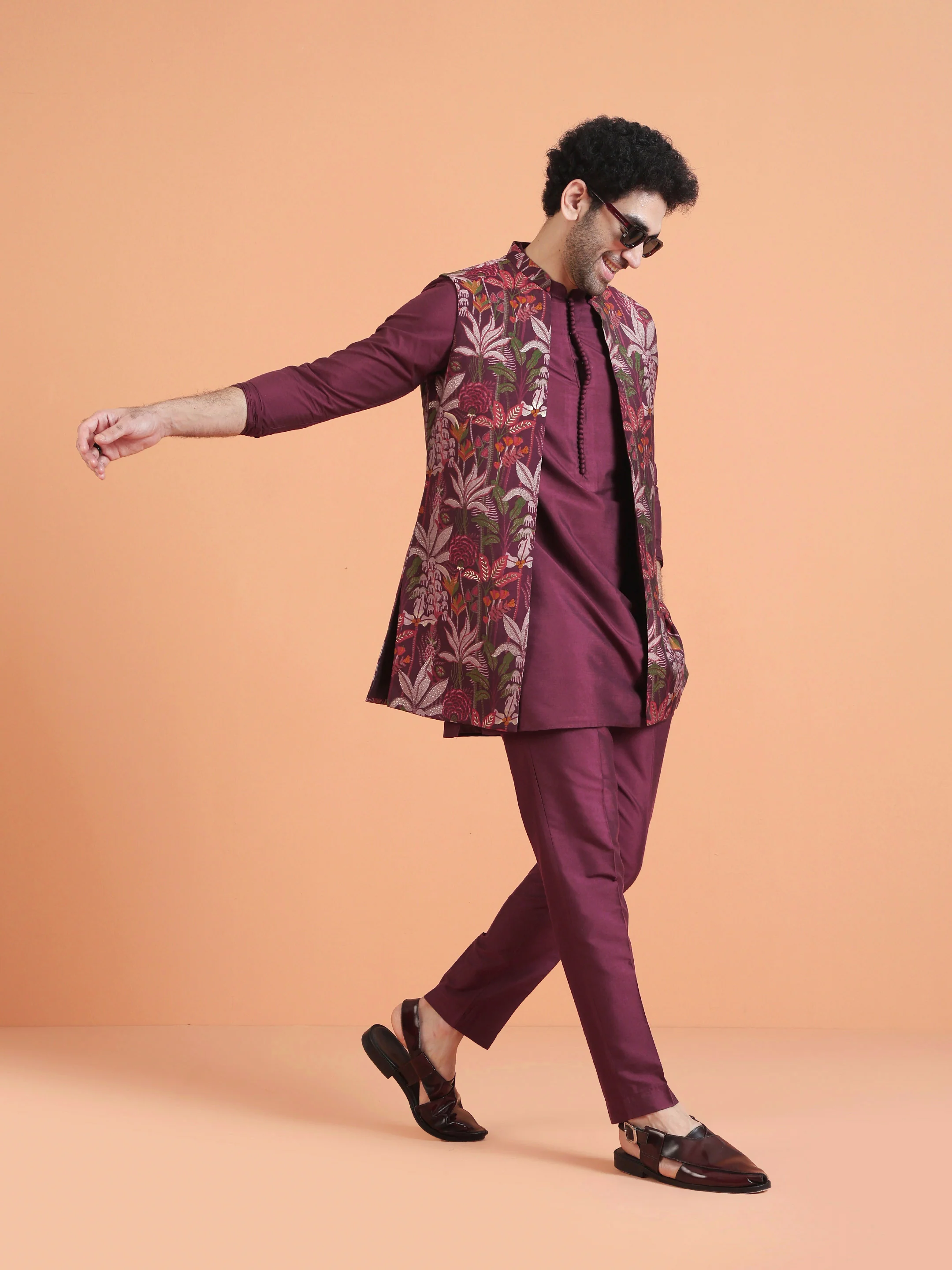 Maroon Silk Blend Floral Printed Long Jacket Set