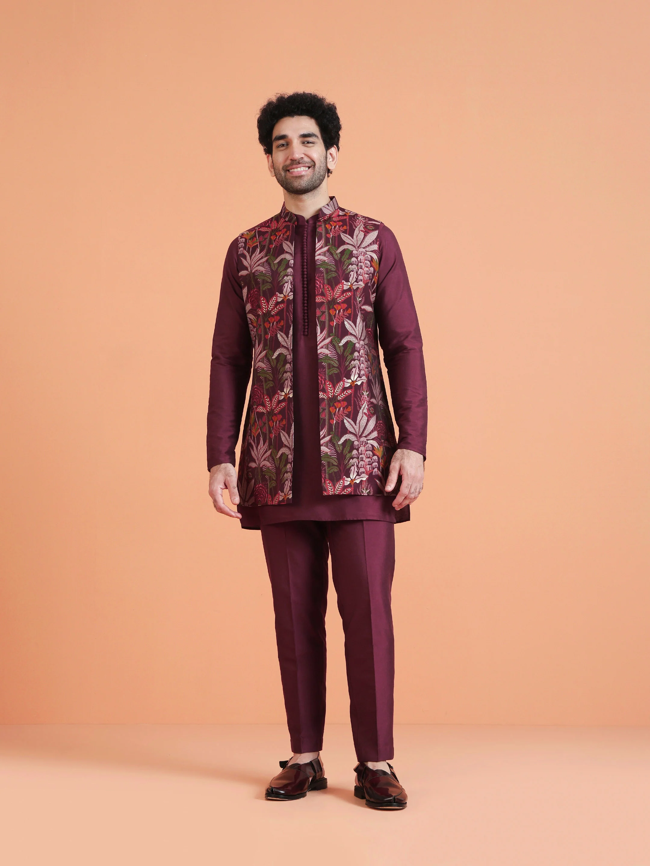 Maroon Silk Blend Floral Printed Long Jacket Set - Image 8