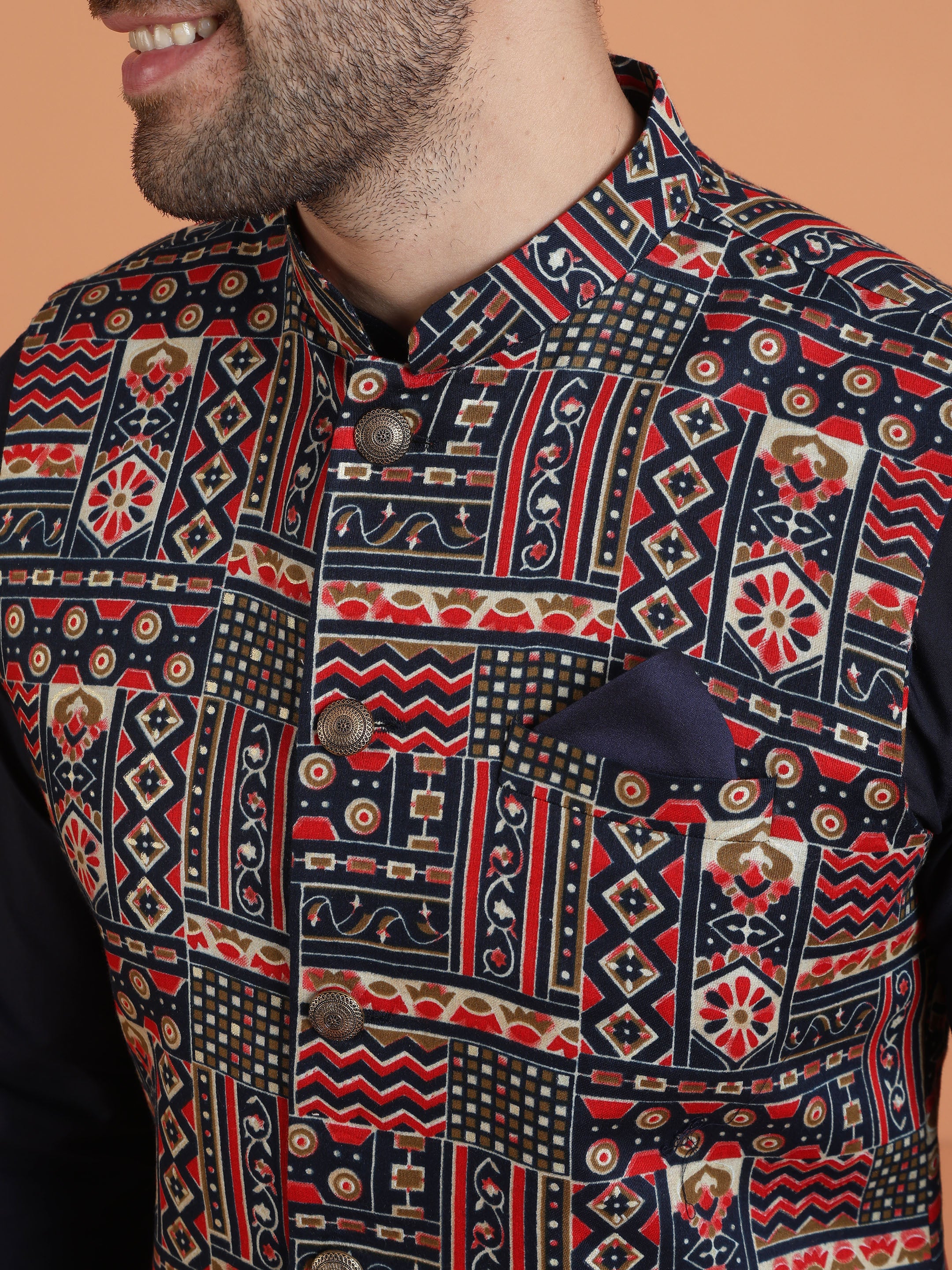 Multicolor Printed Cotton Silk Nehru Jacket - Image 5