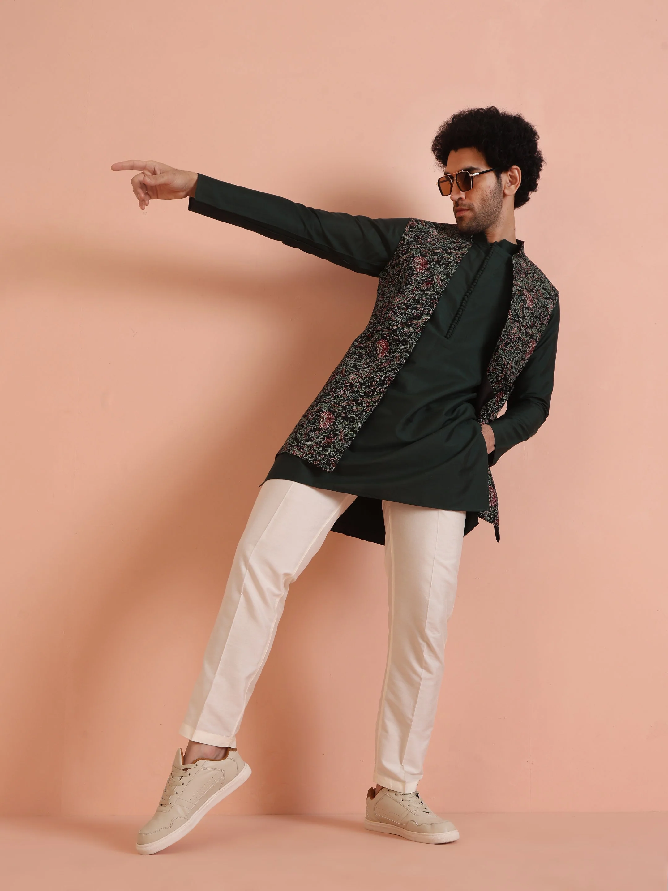 Multicolor Printed Nehru Jacket Green Kurta Set