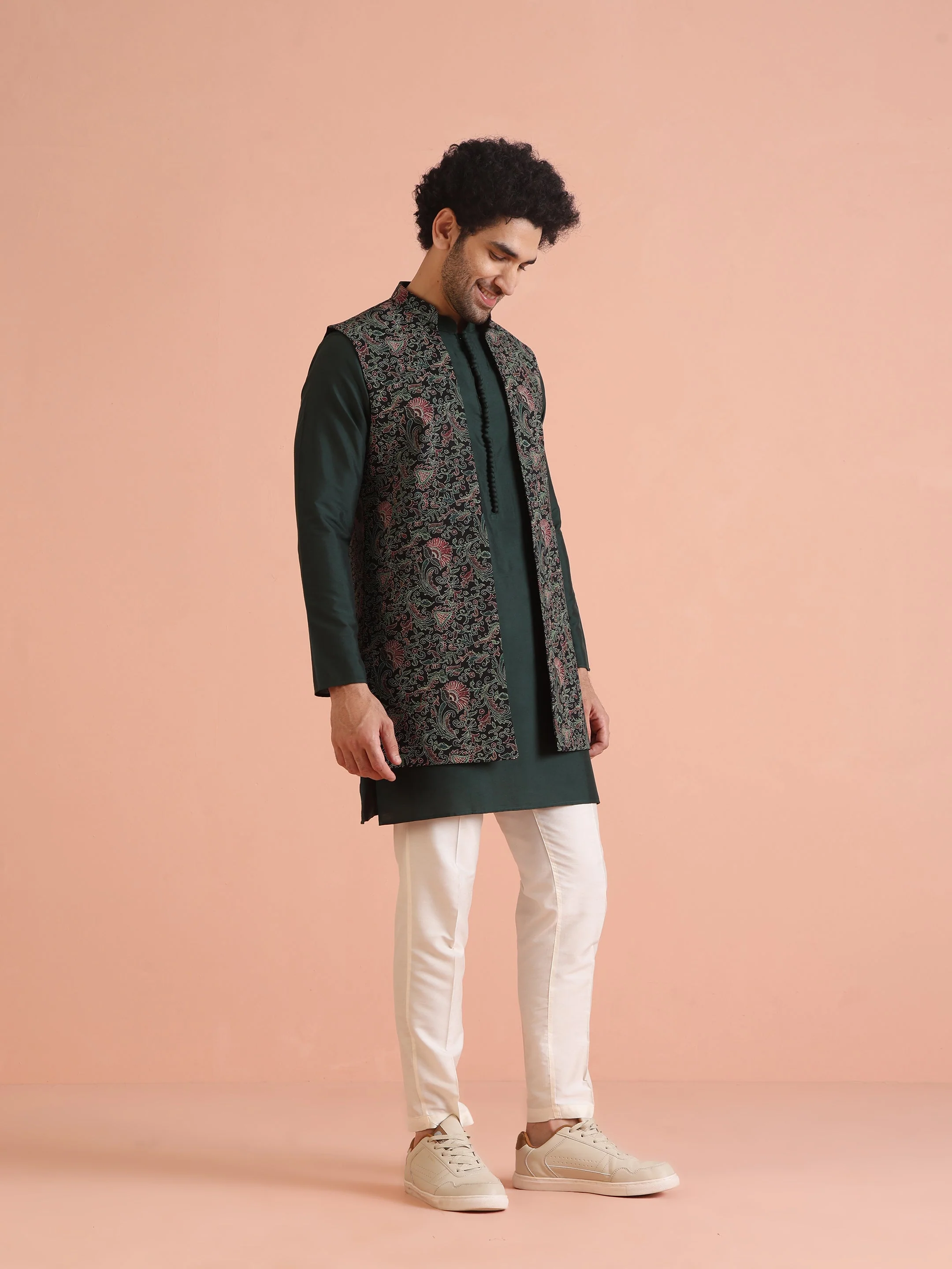 Multicolor Printed Nehru Jacket Green Kurta Set - Image 2