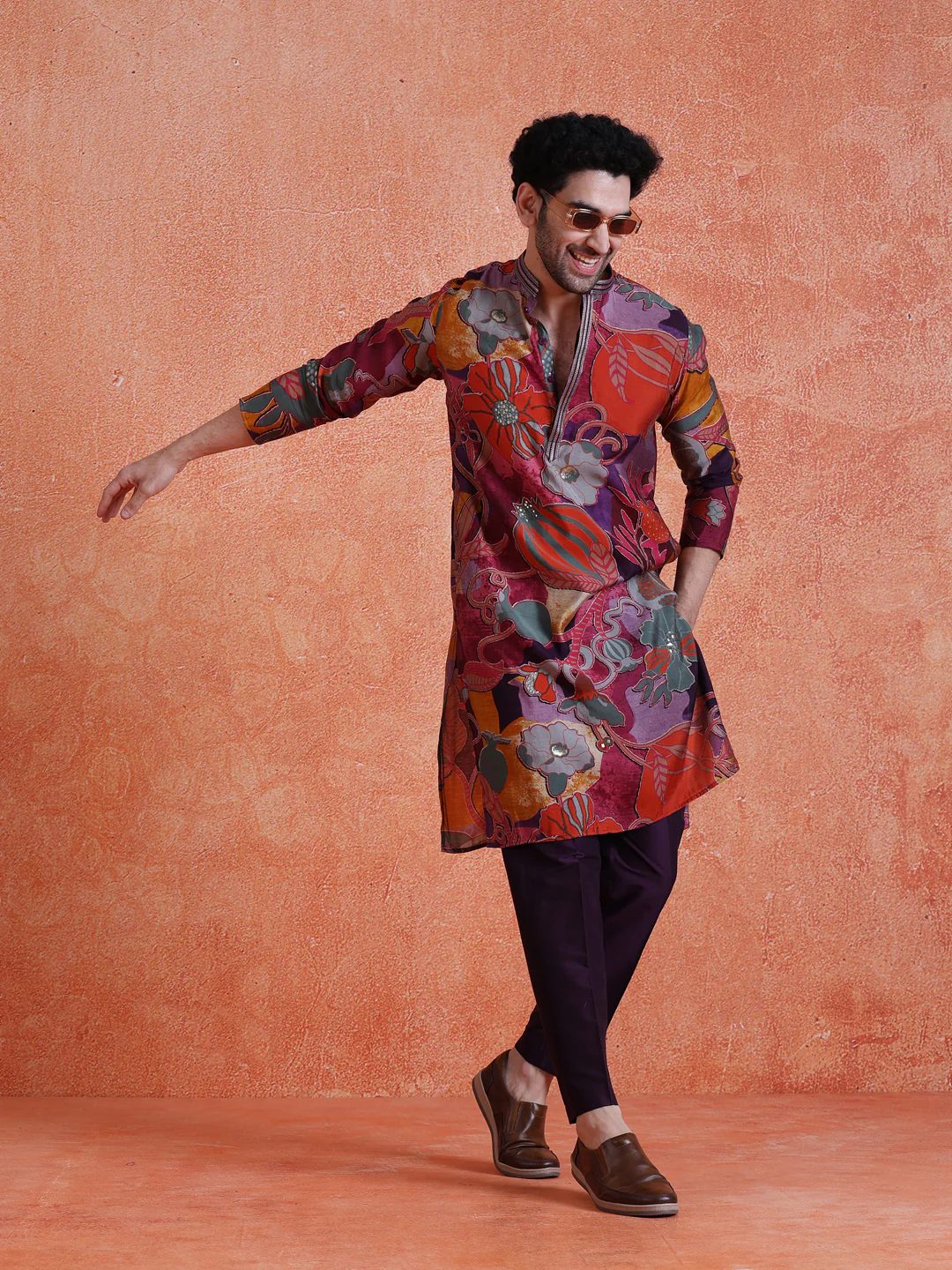 MultiColor Silk Blend Printed Kurta Trouser Set