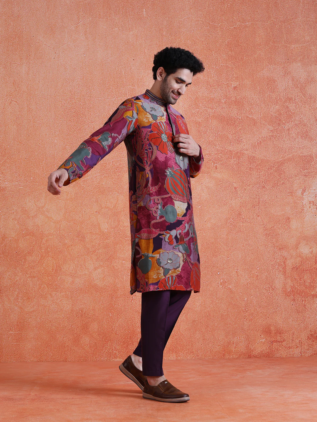 MultiColor Silk Blend Printed Kurta Trouser Set - Image 2