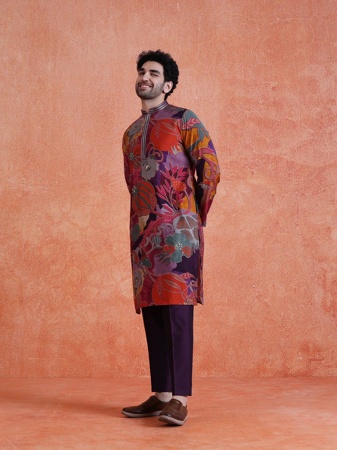 MultiColor Silk Blend Printed Kurta Trouser Set - Image 3