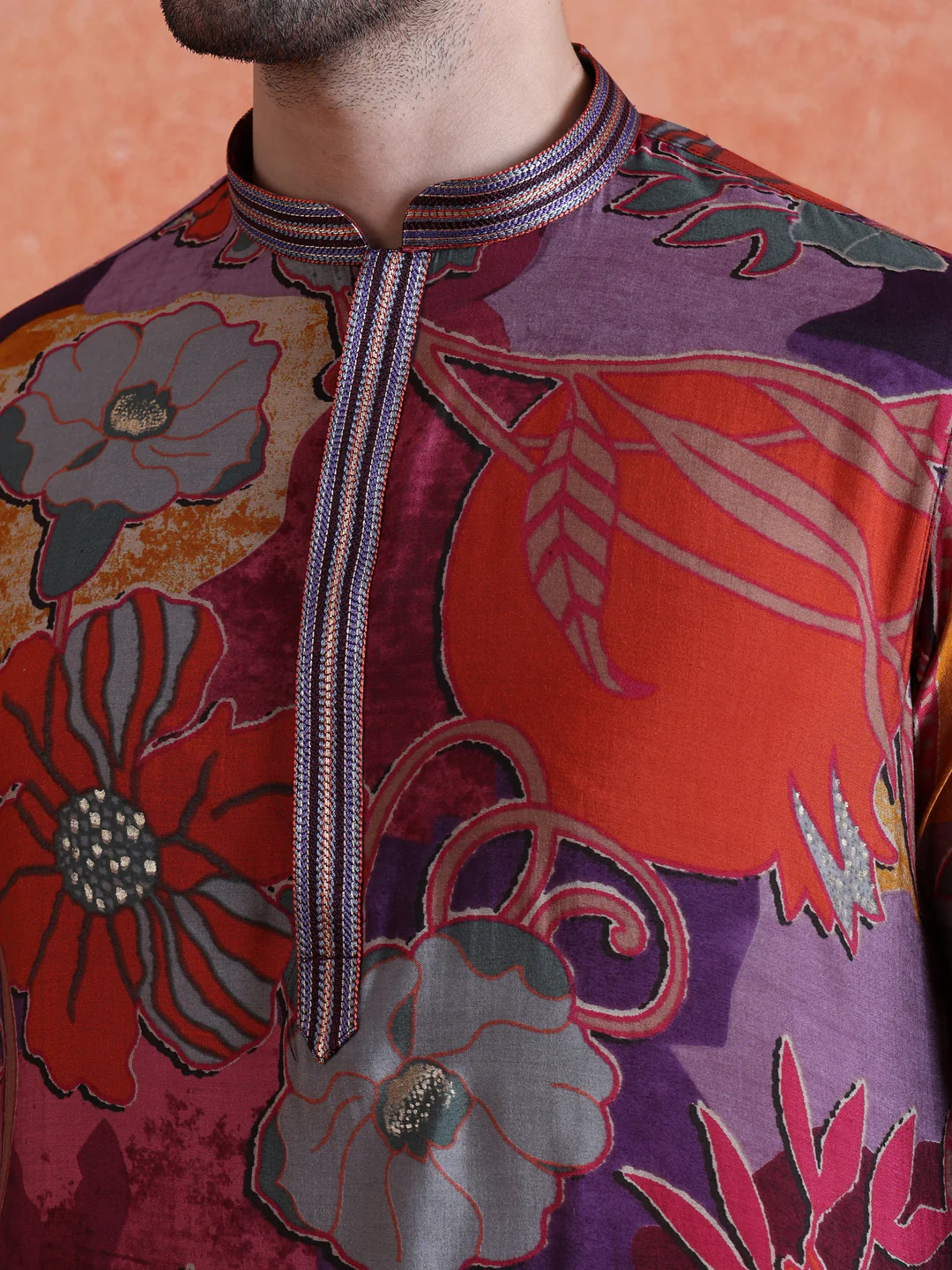MultiColor Silk Blend Printed Kurta Trouser Set - Image 5