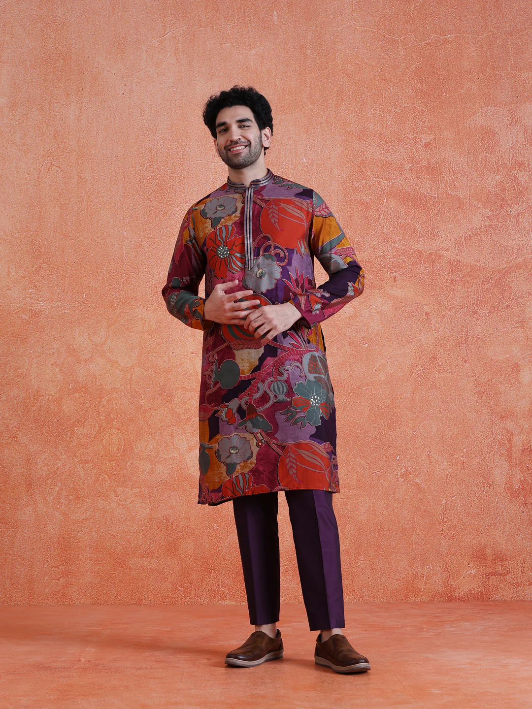 MultiColor Silk Blend Printed Kurta Trouser Set - Image 7