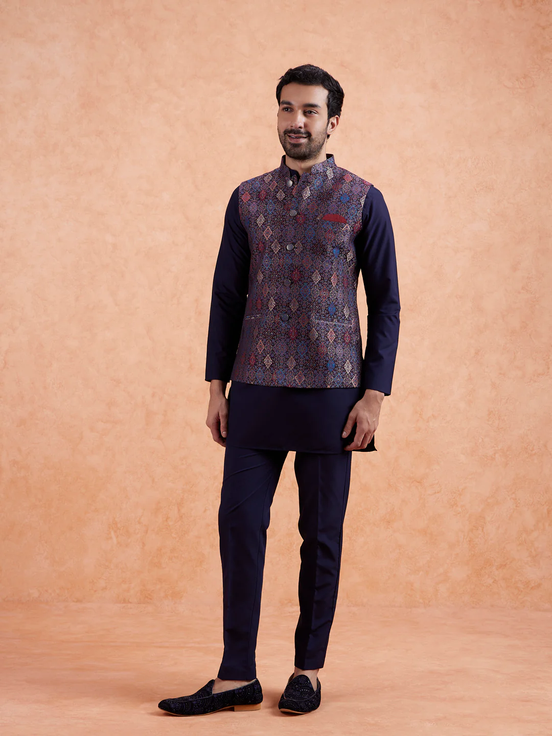 Multicolor Jacquard Kurta Jacket Set
