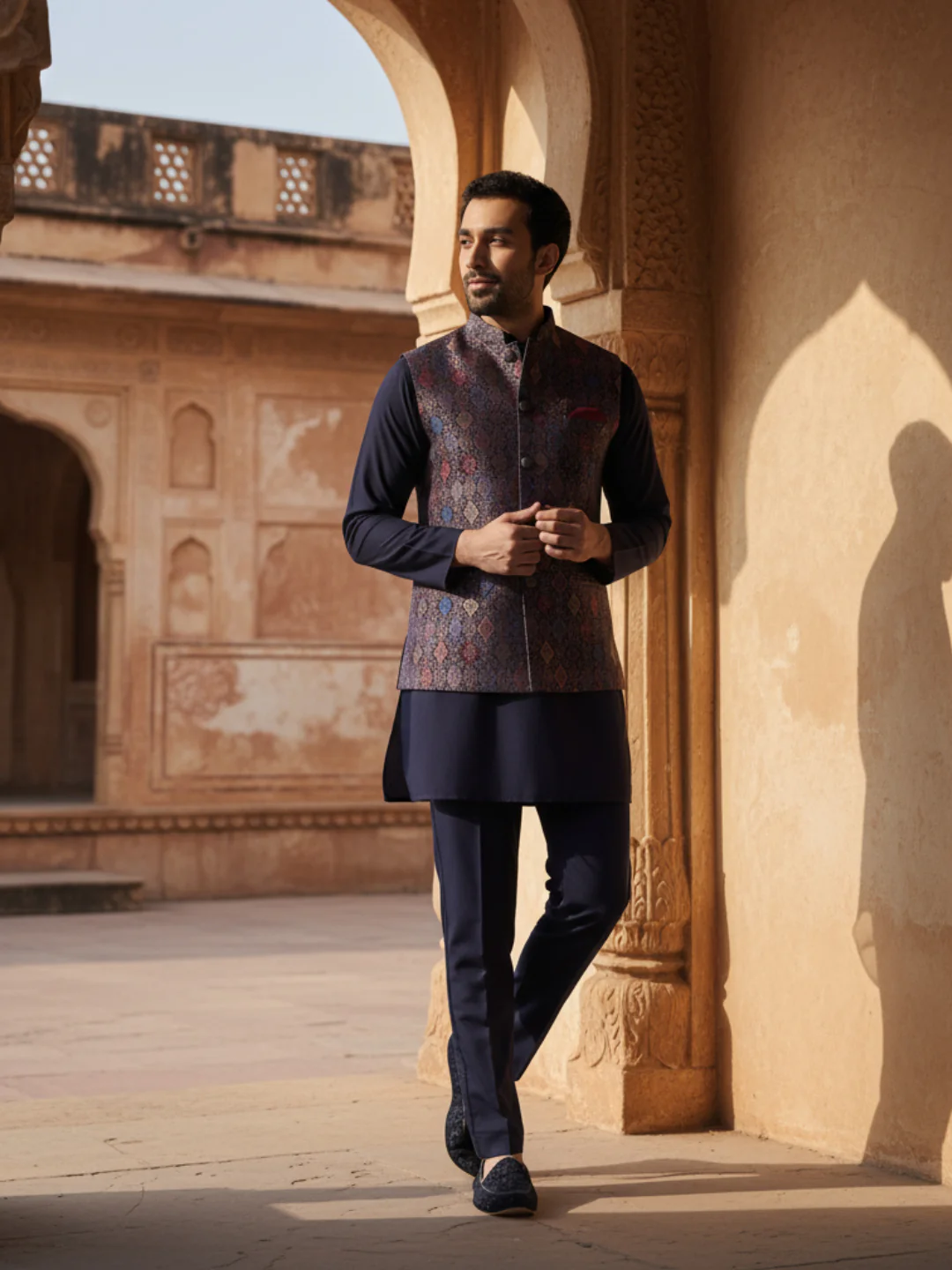 Multicolor Jacquard Kurta Jacket Set - Image 2